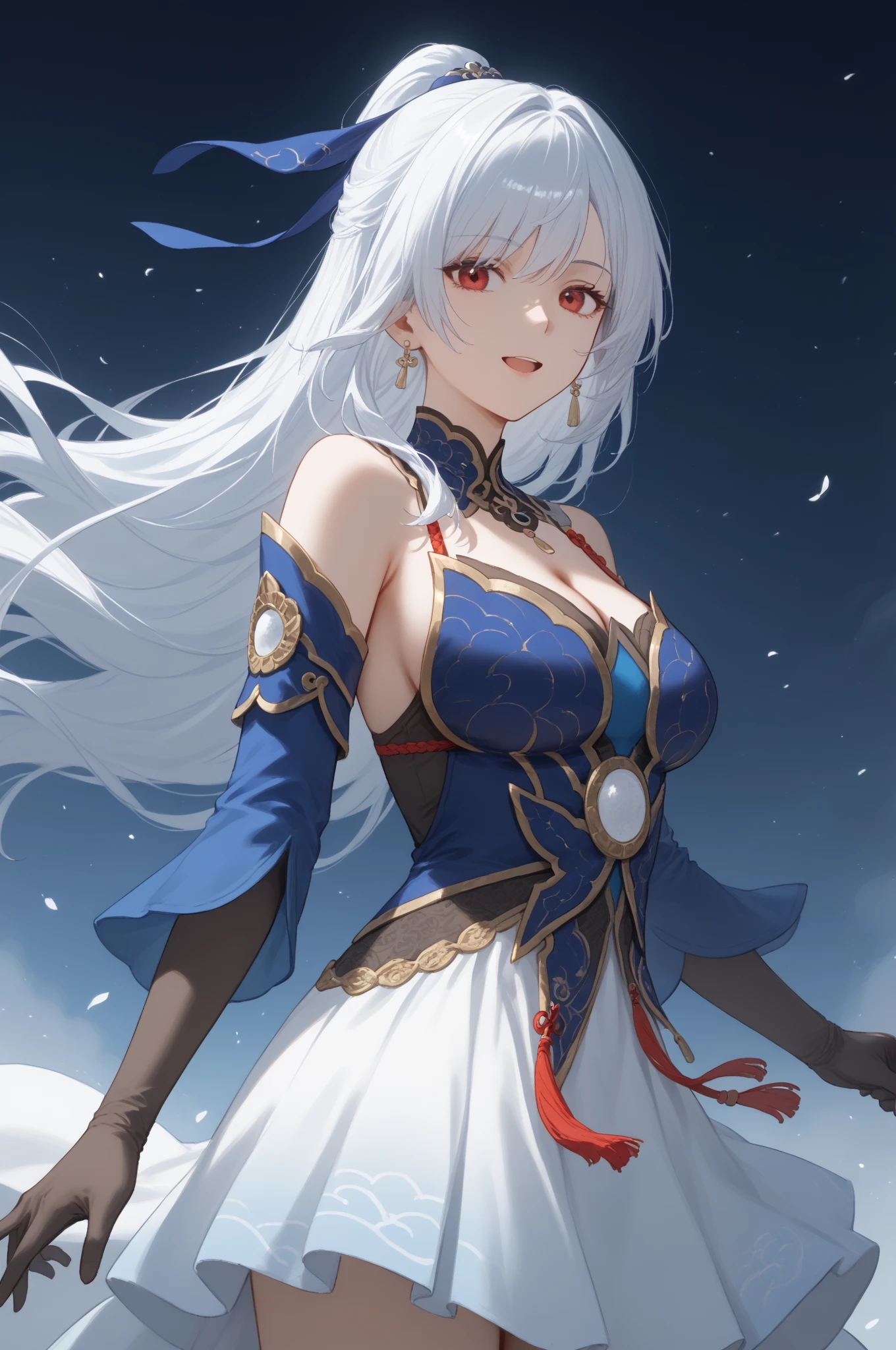 A girl，White long hair，Dissemination，Blue pupils，White Silk，Big breasts，Dress conservatively，17-year-old girl