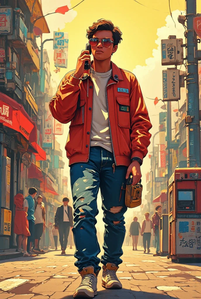 ((80s good times when people enjoyed life in a Peculiar way .( A young man with a phone in his ear listening to music through his walk men of ribbon quality and texture refers to 80s colors body composition 65% angle vertical position from bottom to top ) , the young man wearing , red jacket with colored yellow , " Walk men attached at waist height the phone had connected wires integrated and plugged into the device , proportional hair size , next door in the real urban center Orelhões de fichique , old combustion cars , Newsstand, Newspapers it was common to have several in the center as well as in the suburbs , worn jeans and red Allstar sneakers, avenue with traffic sign , movement of people , (There was no cell phone ) urban environment at night in the 80s , Remember that it was common at that time for everything to be very colorful trend of the time)) 