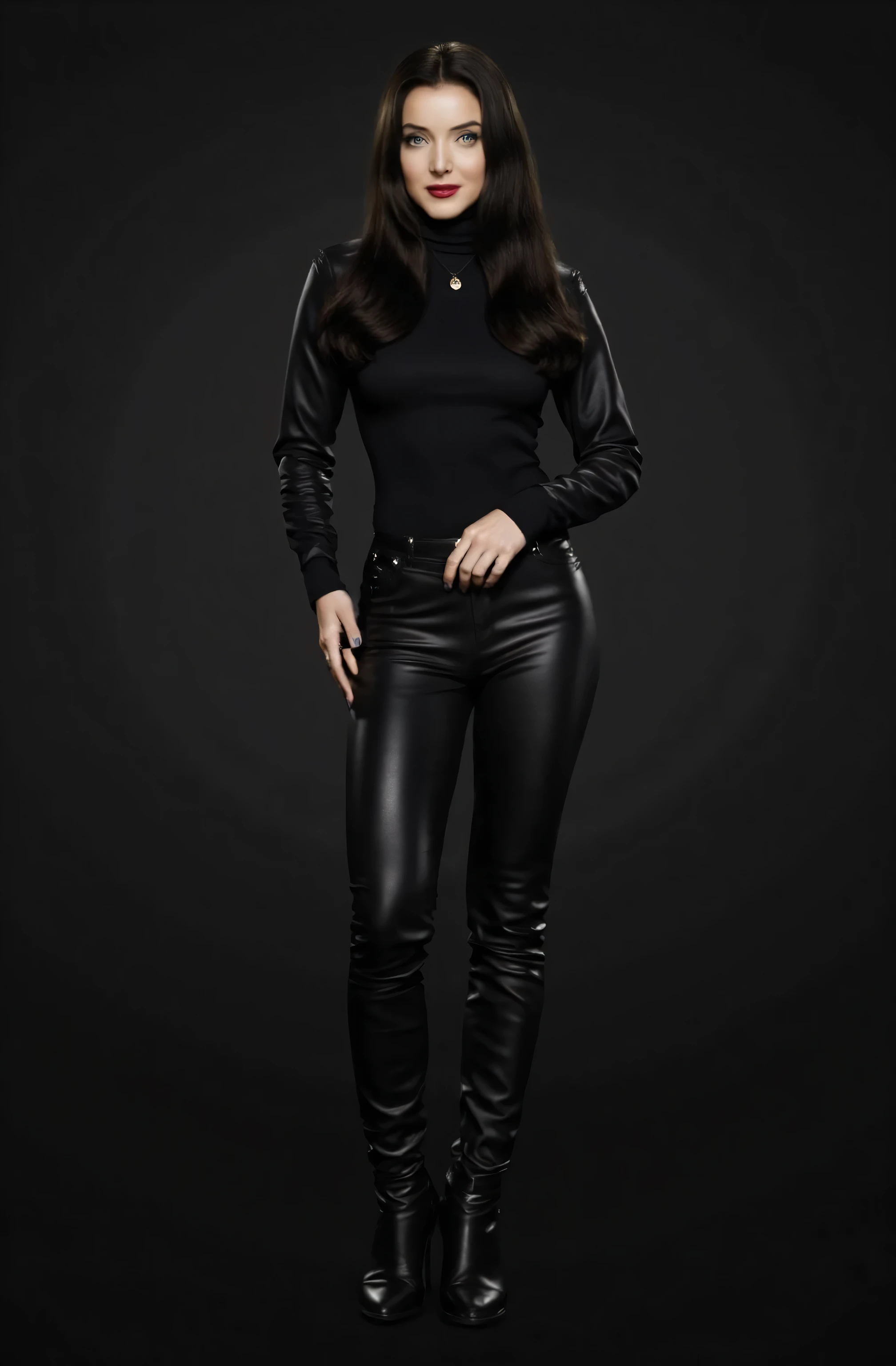 Marsha Queen Of Diamonds wearing black leather turtleneck blouse, black leather pants, black knee-high boots. Standing, smiling.