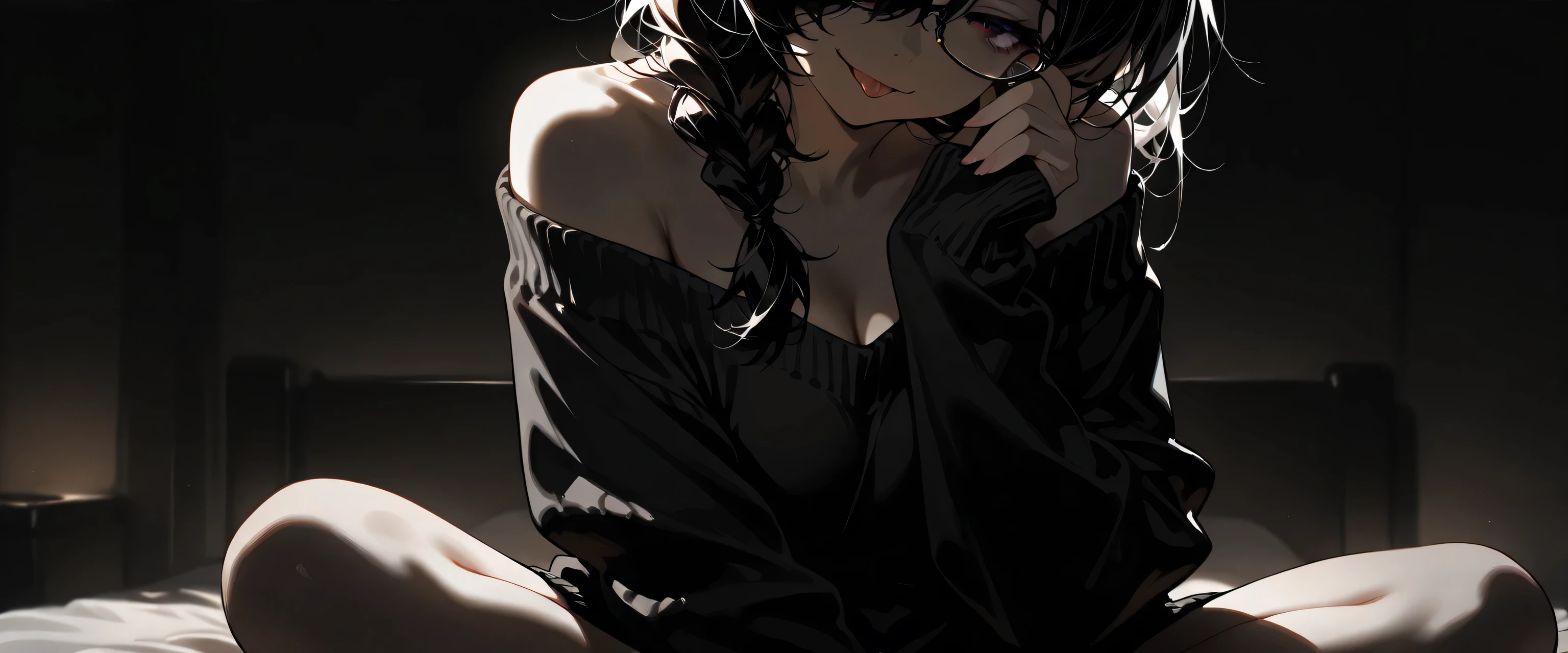 (masterpiece, best quality, ultra-detailed, high resolution, detailed, super detailed skin, beautiful detailed eyes), milf, adult, meek, mild, solo, sad smile:0.1, smug face, half closed eyes, off-shoulder:0.7, sweater, sleeves past wrists, slender body, black hair, hair over one eye, forehead, single braid, troubled eyebrows, sitting, indian style, bed room, night, (head out of frame), leaning head:1.4, head tilt:1.4, (looking over glasses, adjusting glasses), tongue out:1.6, (createconcept, addmicrodetails), back shot