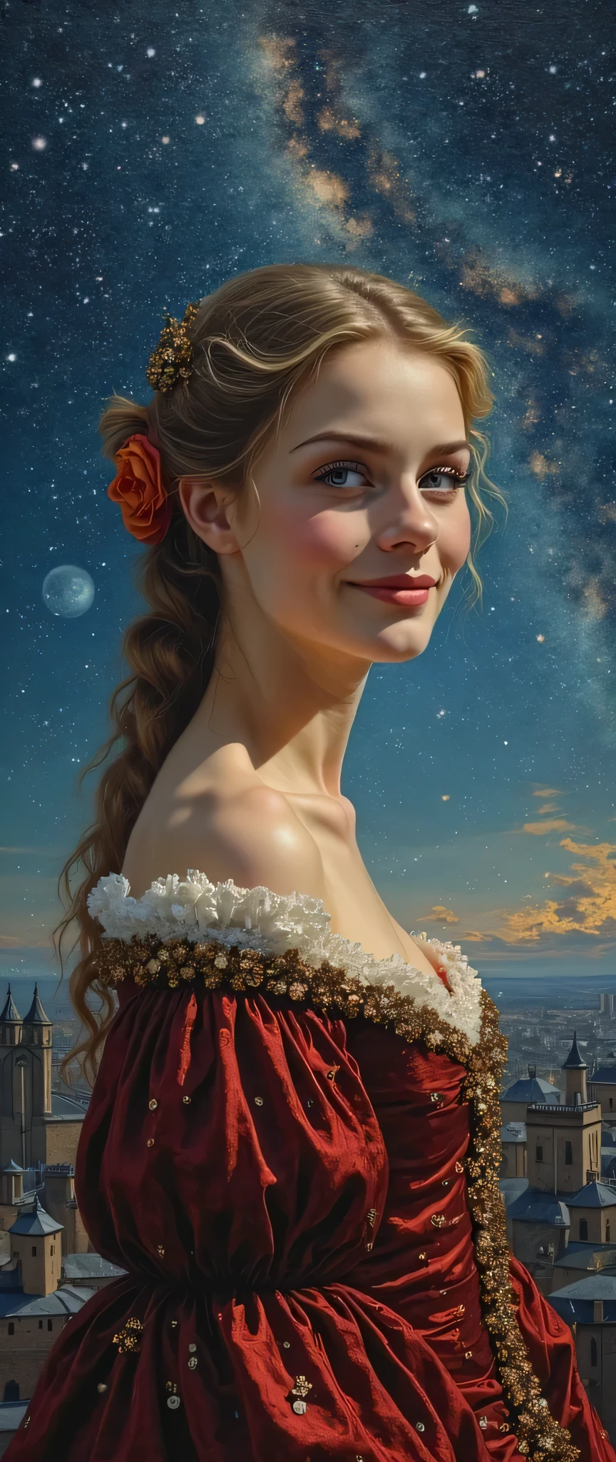 highdefinition images、night sky looking at the Milky Way galaxy、Oil painting、Daughter of a famous medieval European family、top quality、shape、very detailed、finely、high resolution、8K wallpaper、Dynamic Shape、 beautiful delicate eyes、natural lips、long eyelashes、濃い化粧、smile、take a picture of her in a red dress、Face Details、全身high resolution画像、全身high resolution写真、camera、take a picture of her in a dark blue dress{x}take a picture of her in a dark blue dress on her back、Wear a dress、while taking a big view of medieval London、Background。