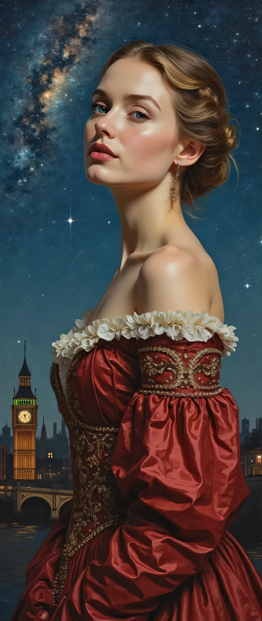 highdefinition images、night sky looking at the Milky Way galaxy、Oil painting、Daughter of a famous medieval European family、top quality、shape、very detailed、finely、high resolution、8K wallpaper、Dynamic Shape、 beautiful delicate eyes、natural lips、long eyelashes、濃い化粧、smile、take a picture of her in a red dress、Face Details、全身high resolution画像、全身high resolution写真、camera、take a picture of her in a dark blue dress{x}take a picture of her in a dark blue dress on her back、Wear a dress、while taking a big view of medieval London、Background。