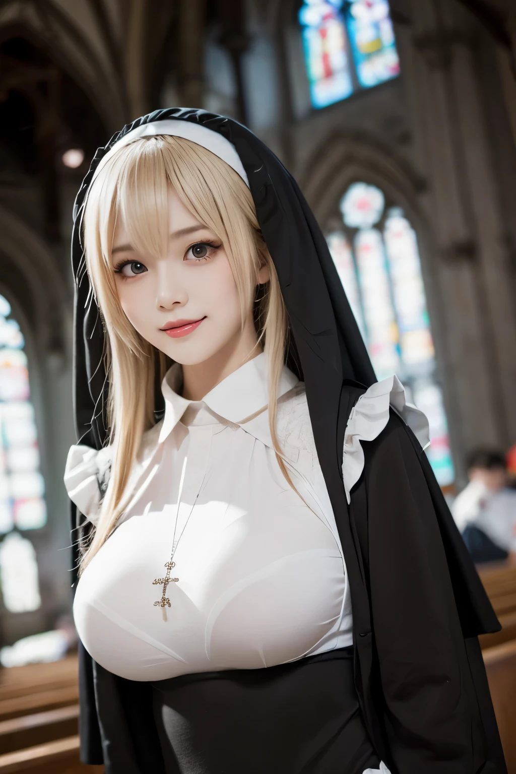 masterpiece, Best Quality, Illustration, Ultra-detailed, finely detail, hight resolution, 8K Wallpaper, Perfect dynamic composition, Beautiful detailed eyes, Nun's clothing, blonde hair, gigantic breasts, Cool pose, sneering, a 18 year old girl, Cool, (kawaii:1.3), (Beautie:1.2), Sexy shot looking at camera, sidelong glance, glares, sullenness, Downer, a cool, boyish, grin, looks sleepy, make up, in the church