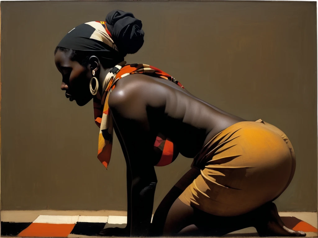 A beautiful black naked woman crawling down street, profile view