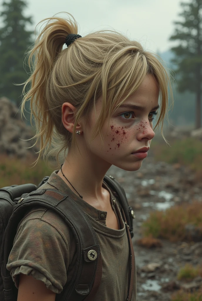 Helen Skelton, Vietnam War era, close-up action shot from ground level, naked US soldier, tattoos, frowning, sweating, damp blonde hair, bloodied and bruised, sunny, holding M16, on a bloody battlefield, explosion, fires
