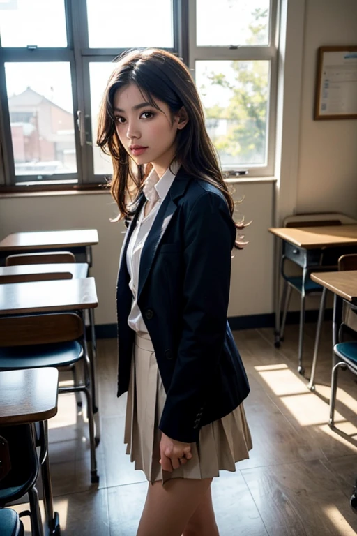 (8K、RAW Photos、Highest quality、masterpiece:1.2)、(Realistic、Photorealistic)、1 Girl、((Check mini skirt、Loafer Uniform、blazer、Small breasts、classroom、I sat on a chair、Viewed from the front、Spread your legs、White silk panties))、Lots of eyelashes、Add shine to your eyelids、skeletally correct、Show off your panties、Open your legs to the side、Panty Shot、sexy、(Panties close up:1.2)、Skirt Lift、Lift up the skirt、I can see her panties、M-shaped legs