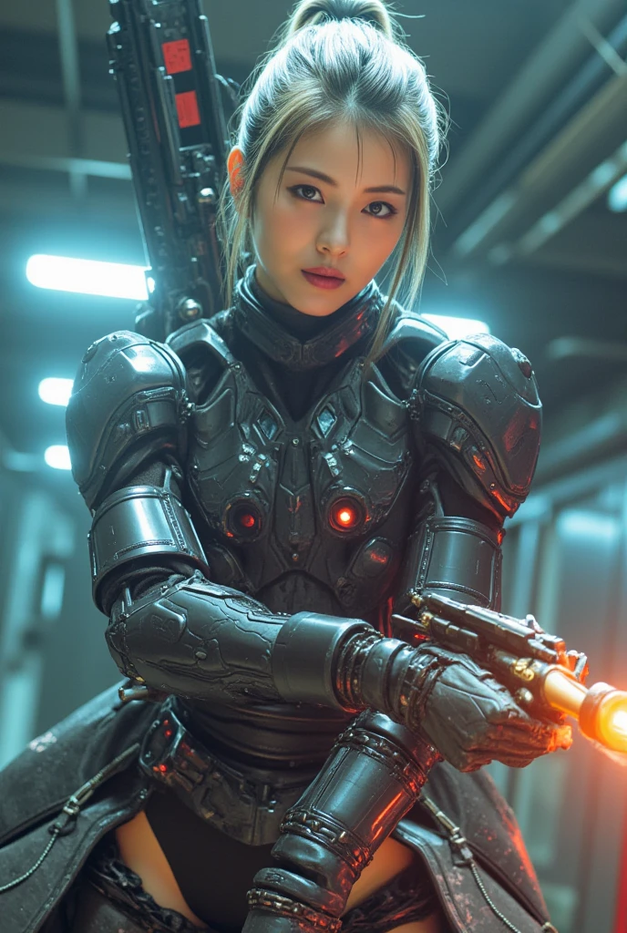 masterpiece, cinematic lighting, UHD, accurate, super detail, high details, high quality, award winning, best quality, highest, 16k Wallpaper, ultra detailed face, ultra detailed eyes, ultra detailed lips, ultra detailed hair, realistic textured skin, perfect anatomy, perfect fingers, silver long hair, high position ponytail, pale blue eyes, huge breasts, emphasize cleavage, slender body, (abs), tight waist, curvy body, bare buttocks, thin thighs, leggy.
A heavily armed Japanese woman in a super cool Gundam-like bio armor, (A machine is implanted in the living body), clear color and vivid textures, red neon line accents, ultimate realistic beautiful female face, bio-mechanical, ultimate intricate detail, action poses in motion, full body shots from head to toe, ultimate photorealistic, in secret base,