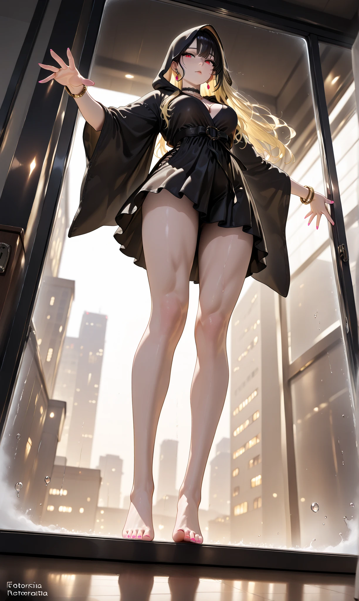 A fierce giantess in a tight black dress, with long platinum blonde hair and intense blue eyes, strides through a bustling modern city. Her powerful legs crush vehicles and buildings, her hands on her hips as she gazes down at the tiny people with a look of disdain. Her voice is filled with mocking laughter, her body exuding dominance and raw sensuality. Giantess, Goddess, sexy legs, heels, black, hot, curvy body, mommy issues, tiny people, macrophilia, perspective from below, high quality, almost naked, mature woman, modern, erotic.