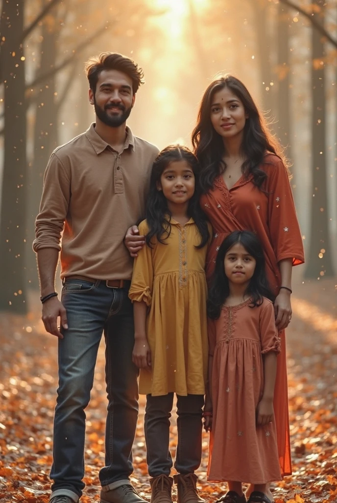 a family of light-skinned peasants, the brown father, the black-haired mother, two daughters and a son, One is brown-haired and the other is black-haired like her brother.. Everyone smiles at the camera. They are in a forest., the girls wear dresses, Men, on the other hand, wear jeans and plaid shirts., in the sixties