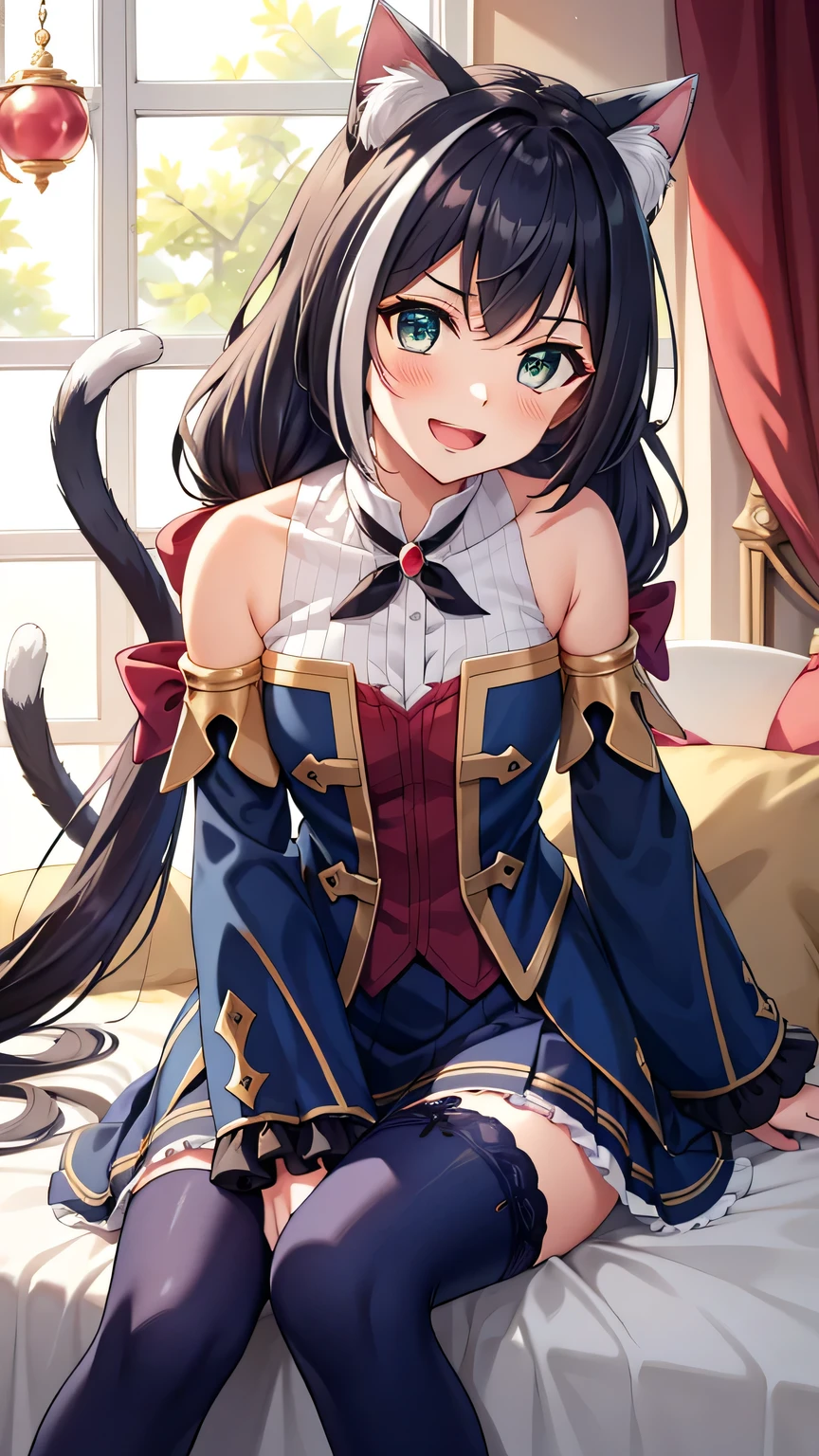 {{{masterpiece}}}, (best quality:1.5), (ultra-detailed:1.5), {illustration}, {{an extremely delicate and beautiful}}, (beautiful detailed eyes:1.6), absurdres, highres, extremely detailed face, 16k, hd, visual anime de uma jovem mulher, extremamente bonito rosto de anime, anime melhor garota, (perfect hands, perfect anatomy), anime face, Karyl(Princess Connect!), 1girl, solo, cute face, (karyldefault:1.3), animal ear, black hair, long hair, low twintails, purple hair bow, multicolored hair, streaked hair, vertical stripes, white hair, cat ears, cat girl, cat tail, green eyes, medium breasts, big hips, curvaceous, BREAK, Tailcoat, (Navy Blue jacket:1.5), Long hem, arm support, bare shoulders, (Navy Blue sleeves:1.5), red bustier, black ribbon(red brooch), detached sleeves, dress, frilled sleeves, wide sleeves, neck ribbon, sleeveless, sleeveless dress, wallet chain(red gem), purple frilled skirt, white pannier, black thighhighs, brown boots, thighs, zettai ryouiki, BREAK, night, indoor, bedroom, on the bed, window, moonlight, open mouth, smiling, confession, embarrassed, flushed cheeks,from front, looking at viewer, dark room, covering chest by one hand, knees together feet apart, sit