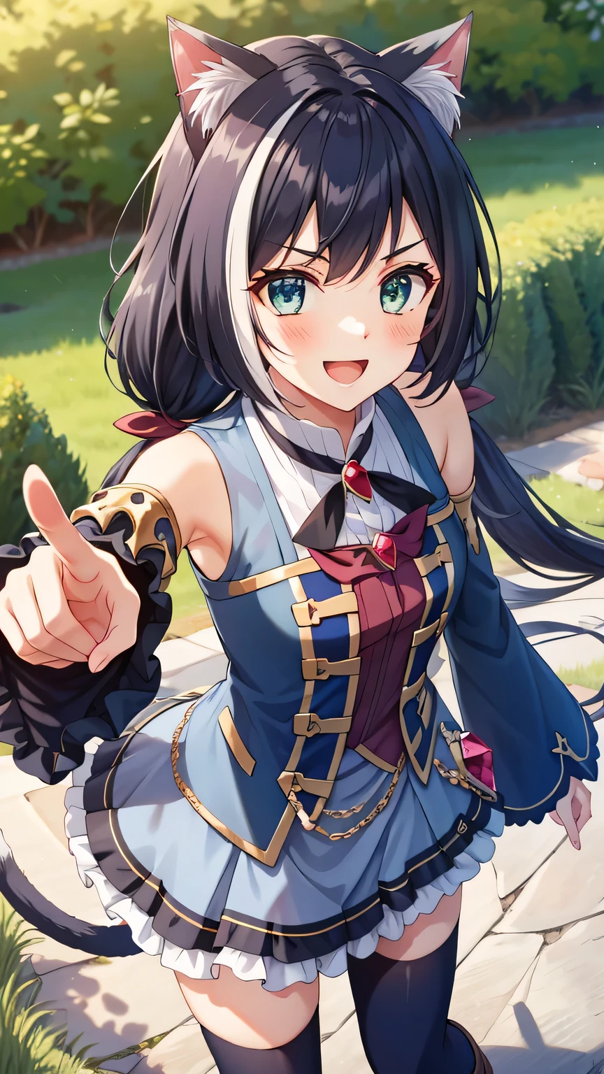{{{masterpiece}}}, (best quality:1.5), (ultra-detailed:1.5), {illustration}, {{an extremely delicate and beautiful}}, (beautiful detailed eyes:1.6), absurdres, highres, extremely detailed face, 16k, hd, visual anime de uma jovem mulher, extremamente bonito rosto de anime, anime melhor garota, (perfect hands, perfect anatomy), anime face, Karyl(Princess Connect!), 1girl, solo, cute face, (karyldefault:1.3), animal ear, black hair, long hair, low twintails, purple hair bow, multicolored hair, streaked hair, vertical stripes, white hair, cat ears, cat girl, cat tail, green eyes, medium breasts, big hips, curvaceous, BREAK, Tailcoat, (Navy Blue jacket:1.5), Long hem, arm support, bare shoulders, (Navy Blue sleeves:1.5), red bustier, black ribbon(red brooch), detached sleeves, dress, frilled sleeves, wide sleeves, neck ribbon, sleeveless, sleeveless dress, wallet chain(red gem), purple frilled skirt, white pannier, black thighhighs, brown boots, thighs, zettai ryouiki, BREAK, cute face, open mouth, smiling, pointing, dancing, jumping, from above, outdoor, mountain, forest, flower garden, (cute gestures:1.2), dynamic pose, dynamic angle, mysterious, fluttering skirt