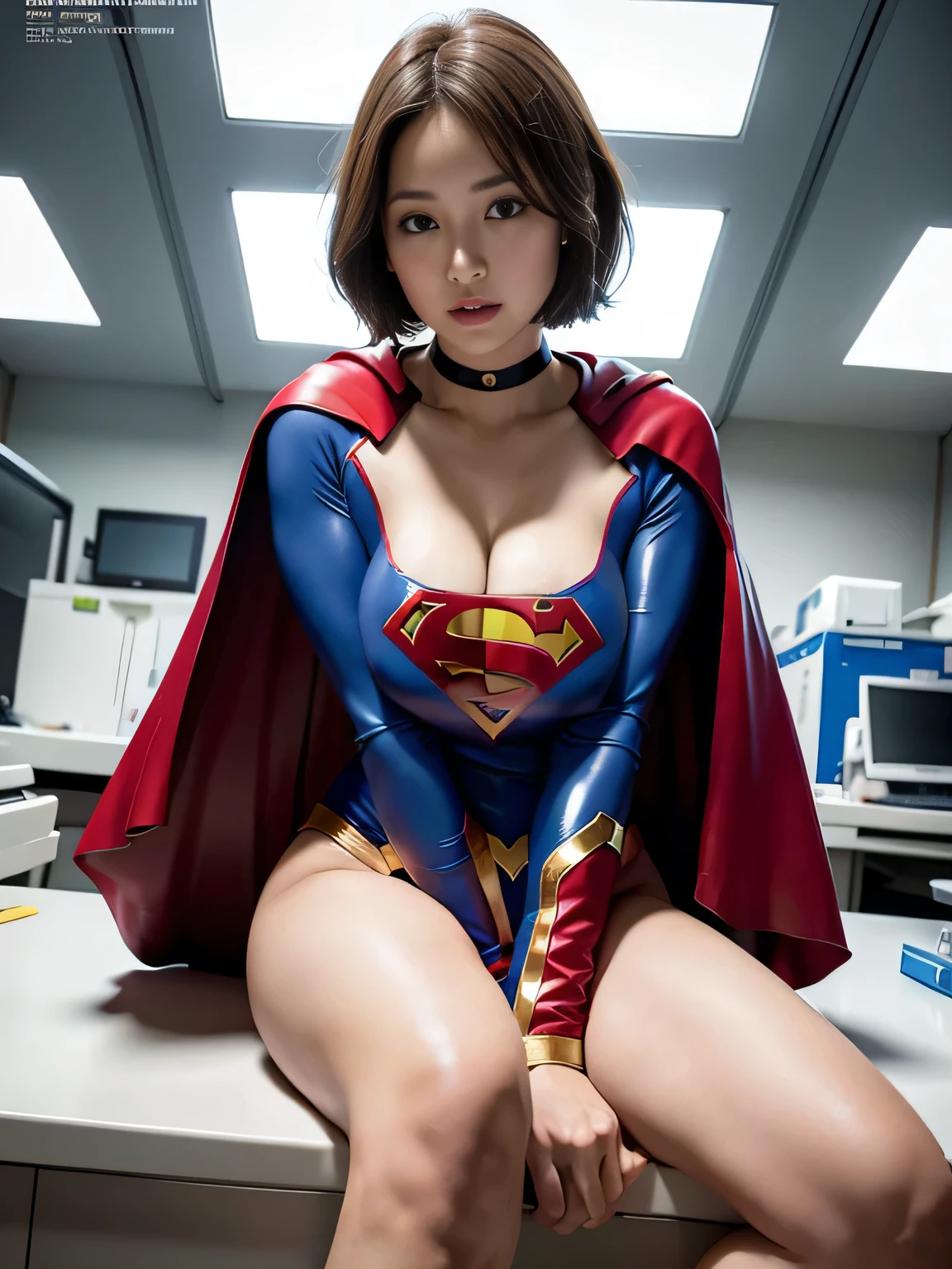 masterpiece、Rubber Supergirl Costume、short hair、barefoot、Big and ample breasts、looking at the camera、choker、Long sleeve、Cape、mini skirt、Off the shoulder、Sweaty skin、In front of the laboratory equipment in the hospital room、Photo magazine cover、Glamorous cleavage、Boasting beautiful legs、High leg leotard、Bare legs、Young wife in her 20s、Close-up、Nymphomaniac、