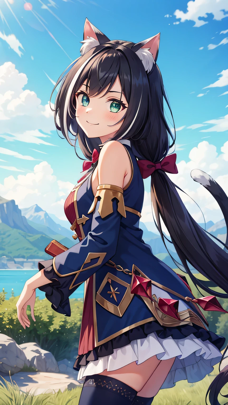 {{{masterpiece}}}, (best quality:1.5), (ultra-detailed:1.5), {illustration}, {{an extremely delicate and beautiful}}, (beautiful detailed eyes:1.6), absurdres, highres, extremely detailed face, 16k, hd, visual anime de uma jovem mulher, extremamente bonito rosto de anime, anime melhor garota, (perfect hands, perfect anatomy), anime face, Karyl(Princess Connect!), 1girl, solo, cute face, (karyldefault:1.3), animal ear, black hair, long hair, low twintails, purple hair bow, multicolored hair, streaked hair, vertical stripes, white hair, cat ears, cat girl, cat tail, green eyes, medium breasts, big hips, curvaceous, BREAK, Tailcoat, (Navy Blue jacket:1.5), Long hem, arm support, bare shoulders, (Navy Blue sleeves:1.5), red bustier, black ribbon(red brooch), detached sleeves, dress, frilled sleeves, wide sleeves, neck ribbon, sleeveless, sleeveless dress, wallet chain(red gem), purple frilled skirt, white pannier, black thighhighs, brown boots, thighs, zettai ryouiki, BREAK, cute face, smiling, standing, outdoor, daytime, solar, rock, mountain, forest, desert, sky, lake, look the sky, look up, (bust shot:1.3), from side, from below