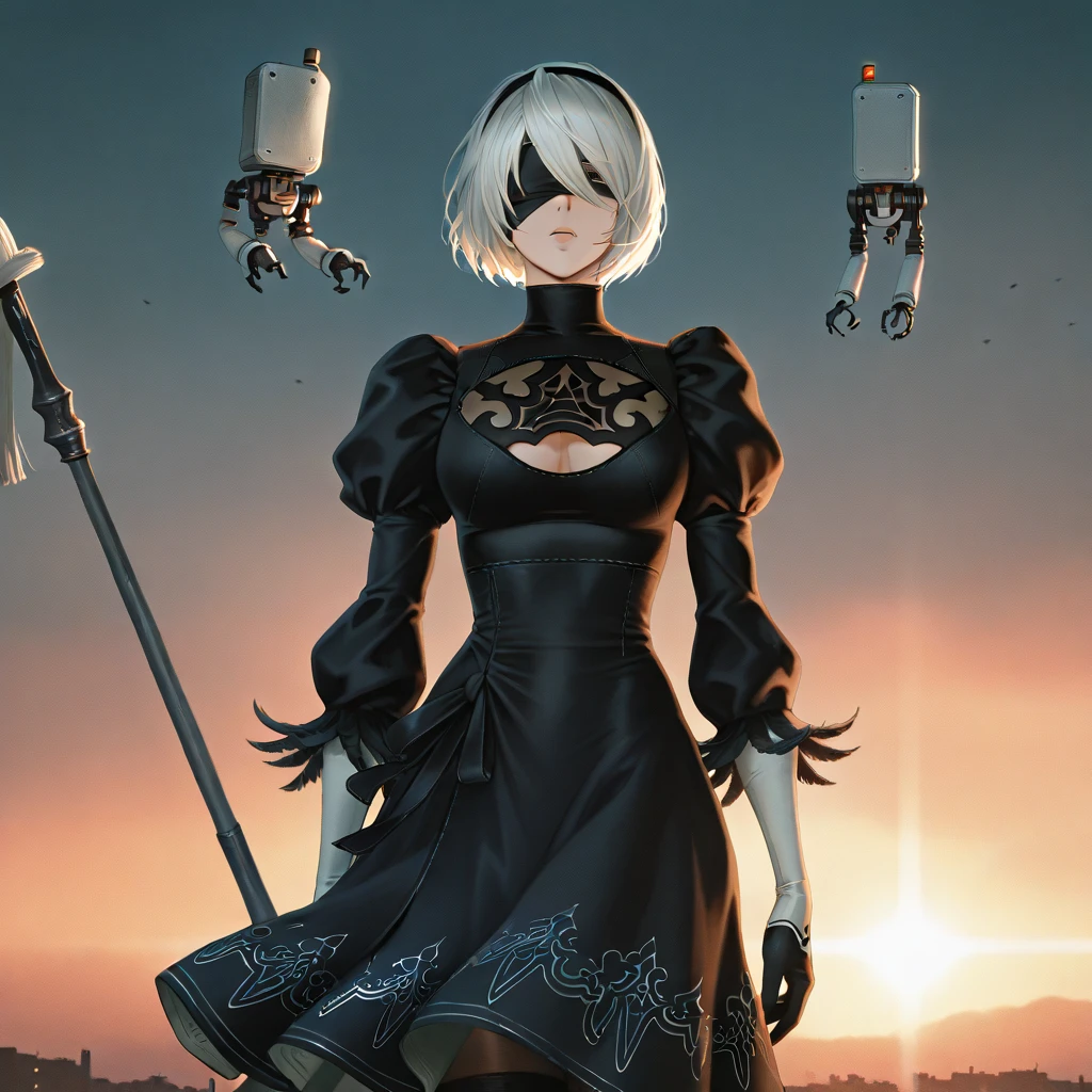 Anime scene of a woman in a black dress standing in front of a fire, NieR Automata 2b stills, Neil 2b, 2b nier automata, Screenshots from the 2012 animation, nier automata, Neil:automaton, Screenshot of the animated movie, Today’s recommended anime is still, 2b, 2b