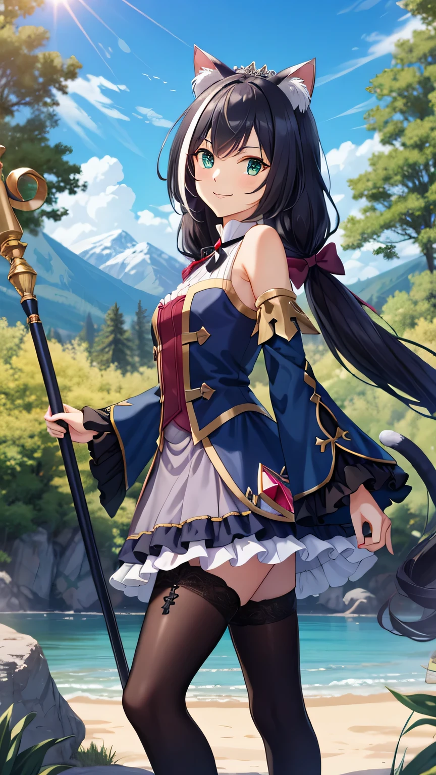 {{{masterpiece}}}, (best quality:1.5), (ultra-detailed:1.5), {illustration}, {{an extremely delicate and beautiful}}, (beautiful detailed eyes:1.6), absurdres, highres, extremely detailed face, 16k, hd, visual anime de uma jovem mulher, extremamente bonito rosto de anime, anime melhor garota, (perfect hands, perfect anatomy), anime face, Karyl(Princess Connect!), 1girl, solo, cute face, (karyldefault:1.3), animal ear, black hair, long hair, low twintails, purple hair bow, multicolored hair, streaked hair, vertical stripes, white hair, cat ears, cat girl, cat tail, green eyes, medium breasts, big hips, curvaceous, BREAK, Tailcoat, (Navy Blue jacket:1.5), Long hem, arm support, bare shoulders, (Navy Blue sleeves:1.5), red bustier, black ribbon(red brooch), detached sleeves, dress, frilled sleeves, wide sleeves, neck ribbon, sleeveless, sleeveless dress, wallet chain(red gem), purple frilled skirt, white pannier, black thighhighs, brown boots, thighs, zettai ryouiki, BREAK, cute face, smiling, standing, polearm, weapon, holding weapon, holding, staff, holding staff, outdoor, daytime, solar, rock, mountain, forest, desert, sky, lake, look the sky, look up, (bust shot:1.3), from side, from below