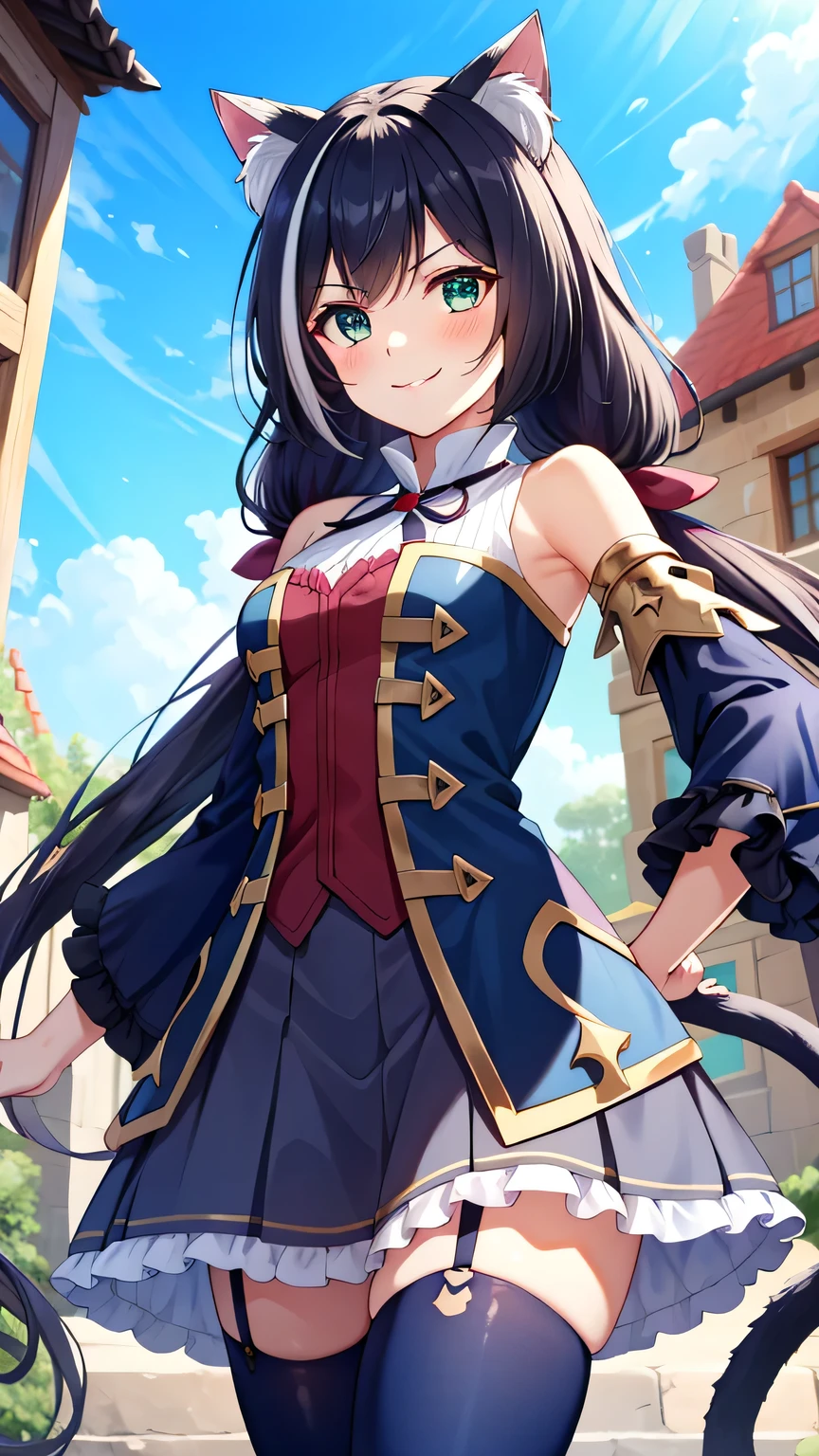{{{masterpiece}}}, (best quality:1.5), (ultra-detailed:1.5), {illustration}, {{an extremely delicate and beautiful}}, (beautiful detailed eyes:1.6), absurdres, highres, extremely detailed face, 16k, hd, visual anime de uma jovem mulher, extremamente bonito rosto de anime, anime melhor garota, (perfect hands, perfect anatomy), anime face, Karyl(Princess Connect!), 1girl, solo, cute face, (karyldefault:1.3), animal ear, black hair, long hair, low twintails, purple hair bow, multicolored hair, streaked hair, vertical stripes, white hair, cat ears, cat girl, cat tail, green eyes, medium breasts, big hips, curvaceous, BREAK, Tailcoat, (Navy Blue jacket:1.5), Long hem, arm support, bare shoulders, (Navy Blue sleeves:1.5), red bustier, black ribbon(red brooch), detached sleeves, dress, frilled sleeves, wide sleeves, neck ribbon, sleeveless, sleeveless dress, wallet chain(red gem), purple frilled skirt, white pannier, black thighhighs, brown boots, thighs, zettai ryouiki, BREAK, smiling, smirk, flushed cheeks, walking, flushed cheeks, looking at viewer, outdoor, Medieval Europe, building, sky, daytime, cowboy shot, peer in from below