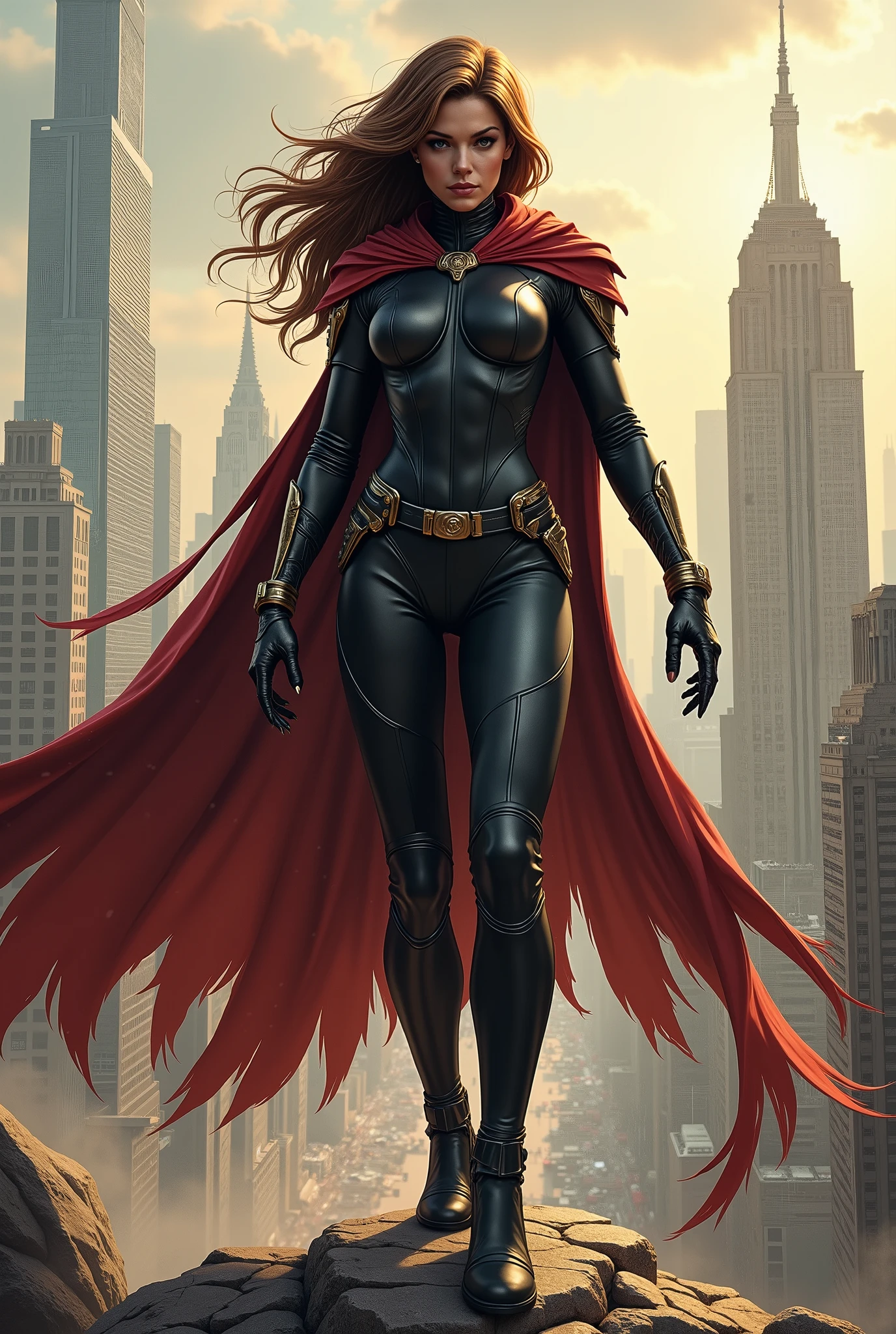 A woman with short hair, wearing a superhero cape, stopped in the middle of the street. Wearing a skintight costume.