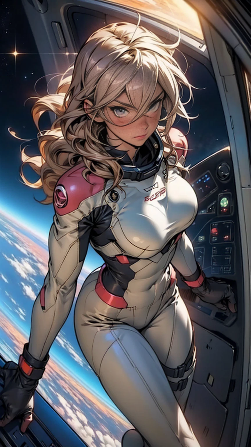 sandy hair fit body  slender thighs slender waist pilot suit solo looking at viewer in space long hair blushing determination