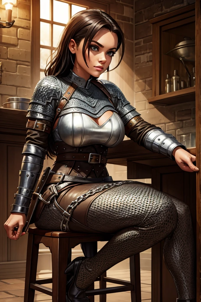outfit: full body chainmail armor, chainmail coif, Best quality, A high resolution, anger face, disclosed cleavage from chainmail armor, hyper photorealistic, Photorealism, 32K, photograph, Cinematic dark photo portrait of sexy woman, Full body shot, picture of whole room, realistic shaved armpits, sitting sofa seat with open legs widely, exposed ultra huge breasts from chainmail armor, (Long messy hair:1.3), perfect body type, highly detailed hard surface modeling texture, (a dark night, Apocalypse, in the shabby and messy basement without windows), medieval abandoned houses, Sharp Focus, Detailed face, fearless smile, (dark hue:1.4), --auto