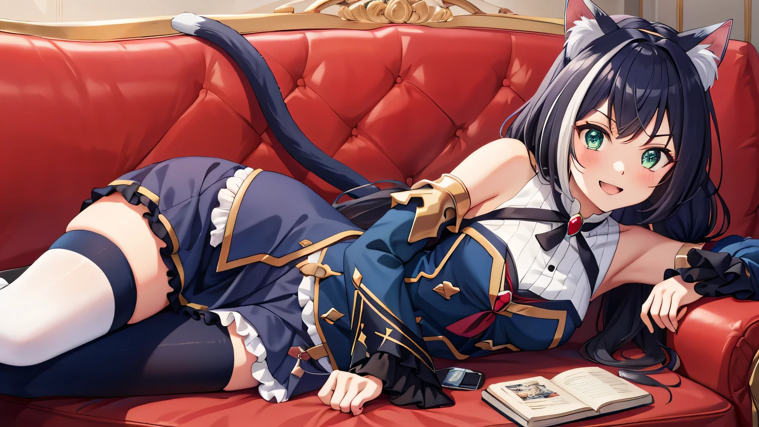 {{{masterpiece}}}, (best quality:1.5), (ultra-detailed:1.5), {illustration}, {{an extremely delicate and beautiful}}, (beautiful detailed eyes:1.6), absurdres, highres, extremely detailed face, 16k, hd, visual anime de uma jovem mulher, extremamente bonito rosto de anime, anime melhor garota, (perfect hands, perfect anatomy), anime face, Karyl(Princess Connect!), 1girl, solo, cute face, (karyldefault:1.3), animal ear, black hair, long hair, low twintails, multicolored hair, streaked hair, vertical stripes, white hair, cat ears, cat girl, cat tail, green eyes, medium breasts, big hips, curvaceous, BREAK, Tailcoat, (Navy Blue jacket:1.5), Long hem, arm support, bare shoulders, (Navy Blue sleeves:1.5), (red bustier:1.2), black ribbon(red brooch), detached sleeves, dress, frilled sleeves, wide sleeves, neck ribbon, sleeveless, sleeveless dress, wallet chain(red gem), purple frilled skirt, white pannier, black thighhighs, brown boots, thighs, zettai ryouiki, BREAK, smile, open mouth, blush, lying on sofa, (on side:1.1), captivating pose, indoors, bedroom, sofa, visual anime de uma jovem mulher, extremamente bonito rosto de anime, anime melhor garota
