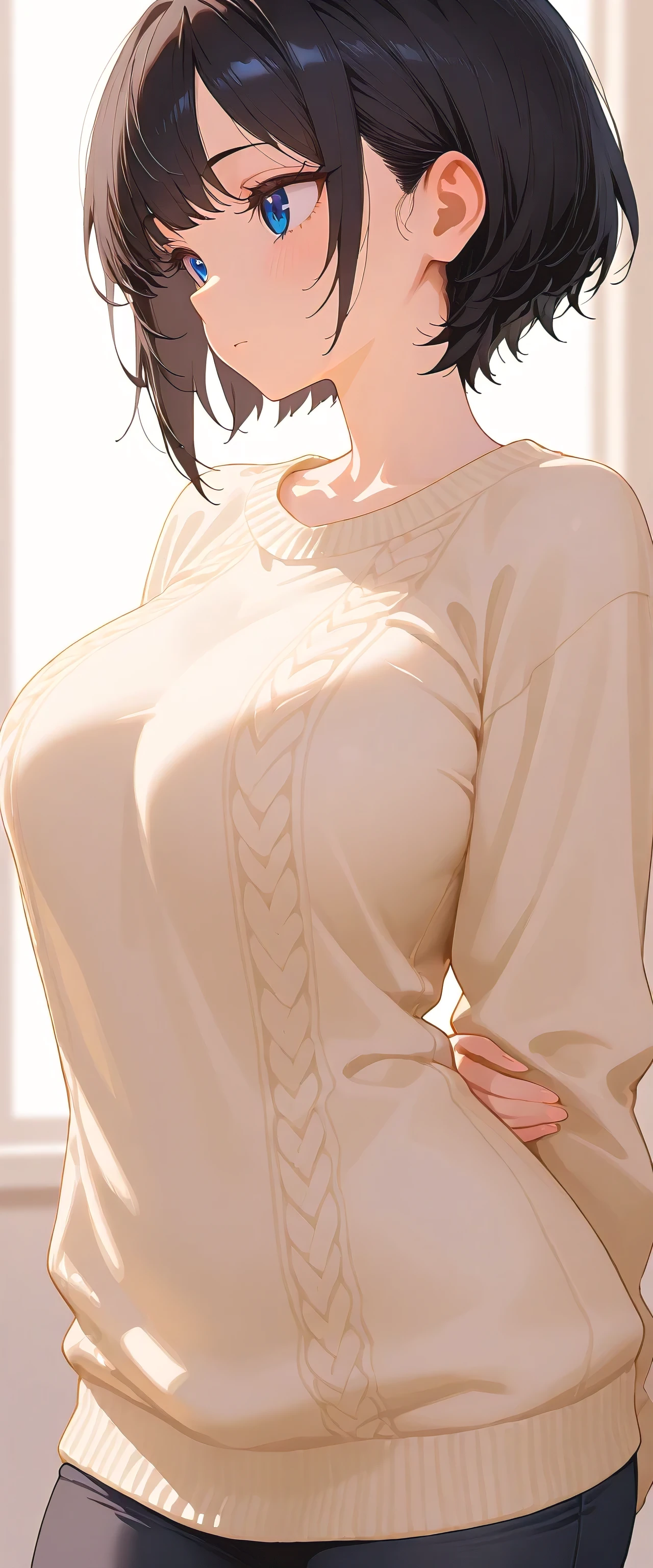 (masterpiece:1.3), (8k, best quality: 1.4), (1 girl), pretty, anime face), (black hair, short hair:1.3), Nice hairstyle, blue eyes , detailed and beautiful eyes), beautiful skin, (sweater), absurd, attractive, ultra high resolution, very detailed, golden ratio