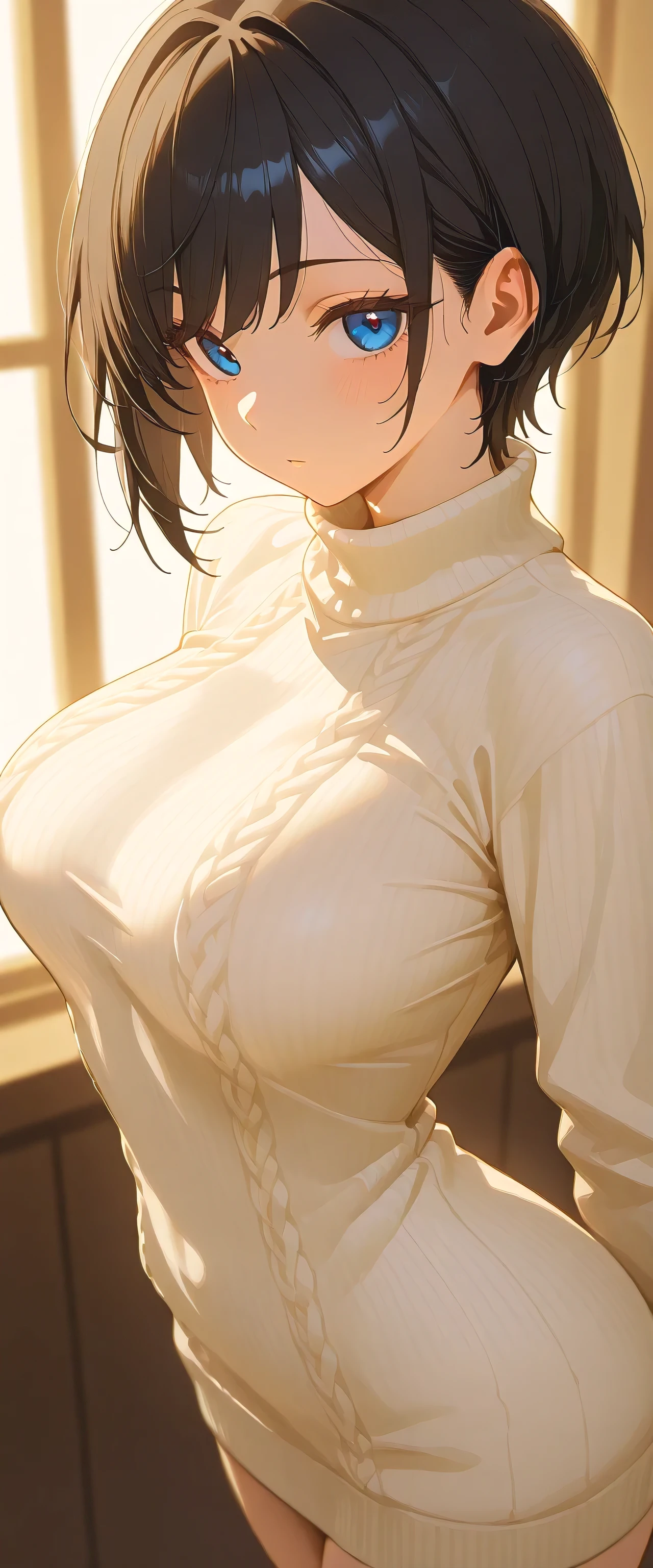 (masterpiece:1.3), (8k, best quality: 1.4), (1 girl), pretty, anime face), (black hair, short hair:1.3), Nice hairstyle, blue eyes , detailed and beautiful eyes), beautiful skin, (sweater), absurd, attractive, ultra high resolution, very detailed, golden ratio