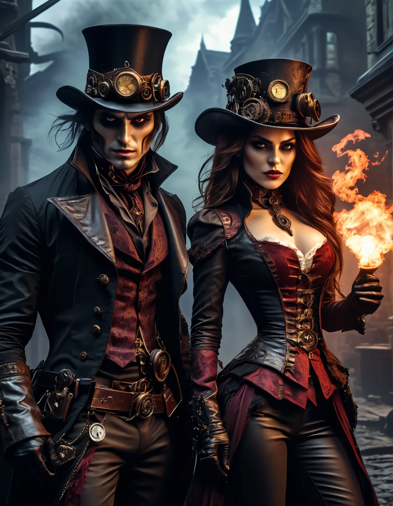 A female crime boss
vampire dressed in steampunk, next to her as bodyguard a mysterious creature, in the background a bad neighborhood