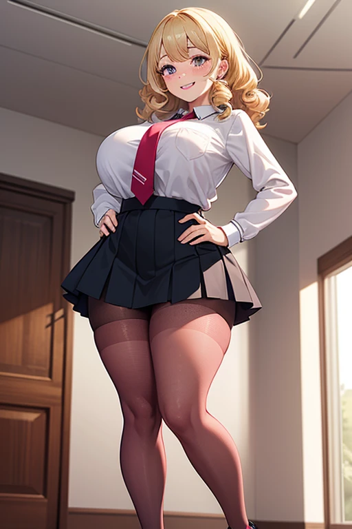 1 Girl,high school girl,RAW Photos,High-cut underwear,Low Angle(Angle where you can see inside the skirt:1.3,pubic hair),smile,wink,cameltoe,from below:1.3,pointybreasts,Highest quality, Ultra-high resolution:1.3, loose socks,Brown Skin(very fine and beautiful skin),blonde, Black gal, Highest quality:1.3,(masterpiece), (Very detailed8K:1.1),Very detailed,Cinema Lighting, Detailed light, Best Shadow, Dynamic Angle,Flashy Panties,Elaborate panties(High leg pants:1.1),Super big breasts:1.6, Plump thighs, mini skirt(Pleated skirt),Indentation:1.1,,In the classroom