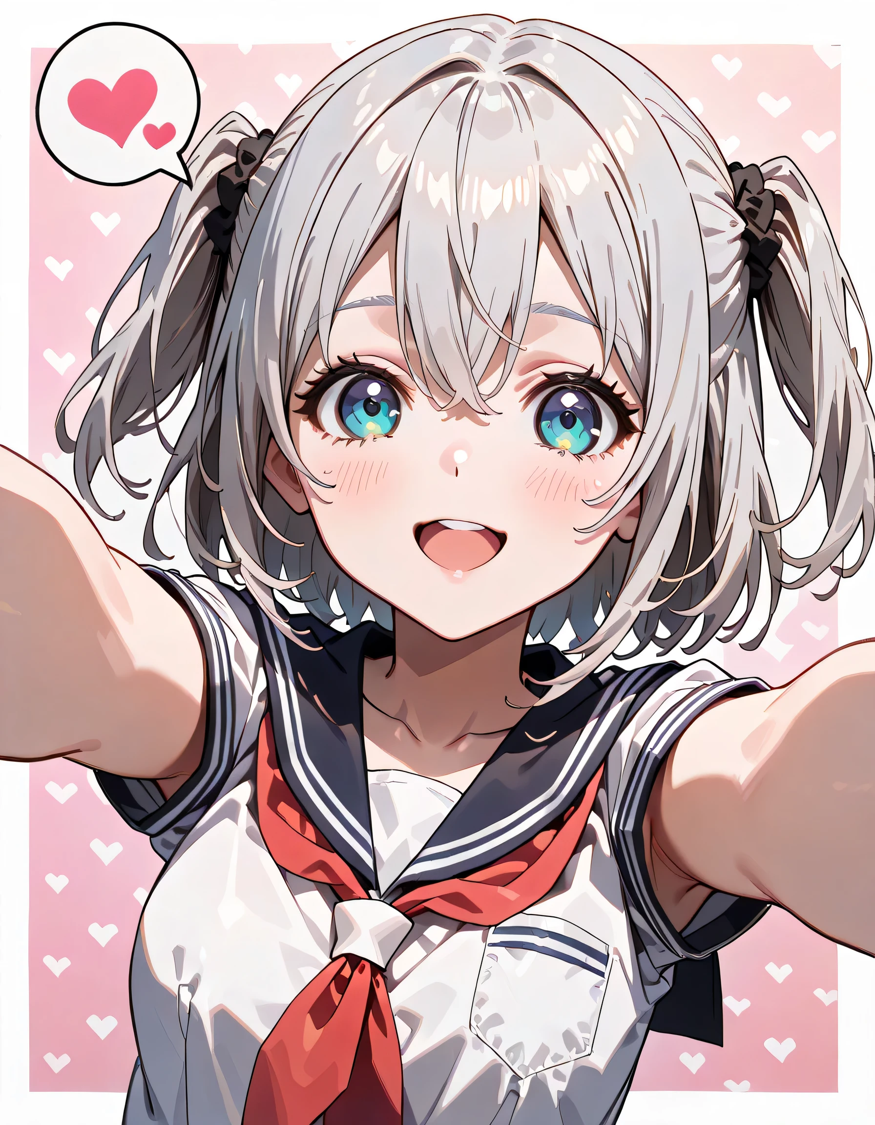 ((ultra-detailed)), (highly detailed CG illustration), (best quality:1.2), ultra-highly detailed, colorful composition, artistic photoshoot, 1girl, solo focus, ((upper body:1.4)), moe anime character, girl, dainty facial structure, (baby face), (round face), ((rounded chin:1.2)), celia-default, celia claire, (blue eyes), ((silver hair color)), ((two side up hair)), ample breasts, school uniform, sailor suit, traditional Japanese style with navy blue and white colors, ((smile)), ((cry with joy:1.3)), ((spread arms:1.3)), ((blush:1.3)), ((looking viewer)), ((spoken Heart:1.4)), ((trying to hug:1.3)), ((pink heart background)), from front, best quality, masterpiece, expecting, pink cheek, blush, light pink gloss slip, portrait, depth of field, soft lighting, sidelighting, (shine), lighting, caustics, ray tracing, smile, perfect face, lustrous skin, highly detailed face, highly detailed eyes, perfect face, perfect nose, perfect hair, perfect eyes, perfect anatomy, beautiful hair, beautiful small face, extremely detailed face, beautiful detailed eyes, beautiful clavicle, beautiful body, beautiful ample breasts, leavage, breasts squeezed together, equalize the size of the left and right breasts, beautiful thin thighs, beautiful legs, beautiful fingers, 4 fingers, 1 thumb, lovely, (very detailed background:1.0), (highly detailed background:1.0), spring aesthetic, intricate details, joyful atmosphere, spring colors palette, chromatic aberration