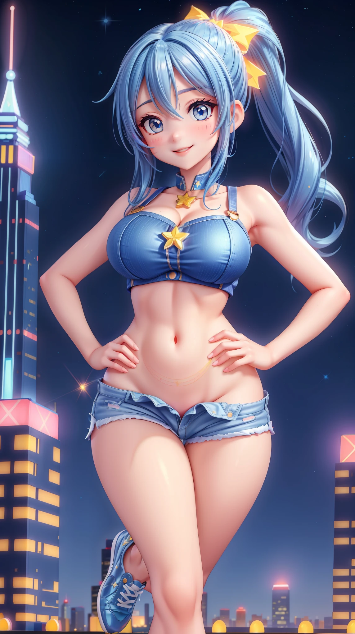 Ultra-realistic, hyper-detailed, 8K, photorealistic, vivid, masterpiece, shiny skin, firm skin, cute, very big hip, Konata Izumi from Lucky Star, blue hair, long ponytail with a yellow ribbon, large sparkling blue eyes, fair skin, slender build, no bra, tight blue crop top with star patterns, short white denim shorts, blue sneakers, wide-angle shot, radiant happy expression, sultry smile, standing with one leg slightly bent and hands on hips, posing confidently at a lively rooftop party, nighttime cityscape background with glowing blue neon lights, festive atmosphere, modern anime style, detailed skyline with skyscrapers, blue-themed cocktail glass nearby, sexy and joyful concept, intricate hair flow, vibrant energy, subtle makeup enhancing eyes