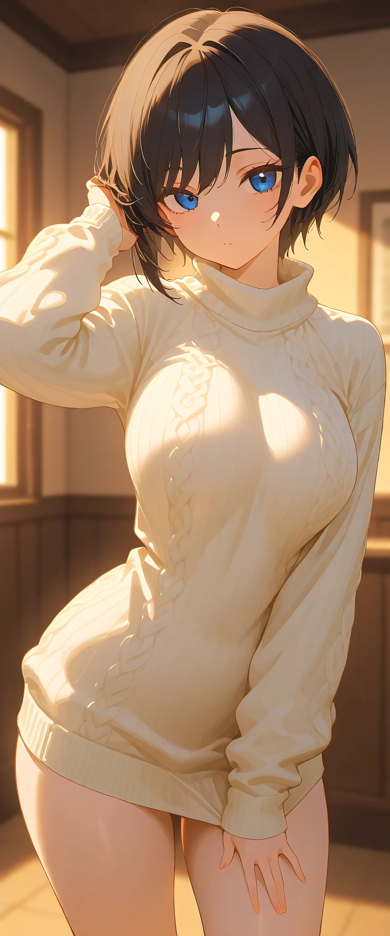 (masterpiece:1.3), (8k, best quality: 1.4), (1 girl), pretty, anime face), (black hair, short hair:1.3), Nice hairstyle, blue eyes , detailed and beautiful eyes), beautiful skin, (sweater), absurd, attractive, ultra high resolution, very detailed, golden ratio