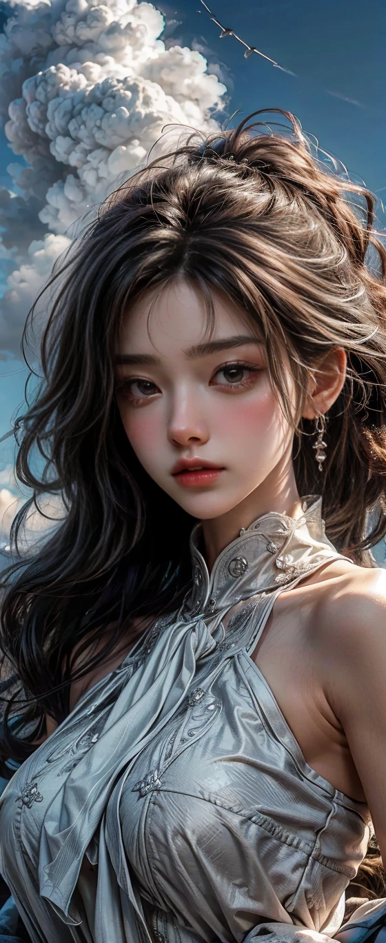 high quality, Rich in details, Silver-haired girl with twin ponytails posing cutely. They wear retro gothic clothes, Wear a bracelet, earrings and necklaces. You can even see it. The photo is a close-up of the face, There is cleavage, shiny breasts, Sweating of cleavage, and sexy breath.