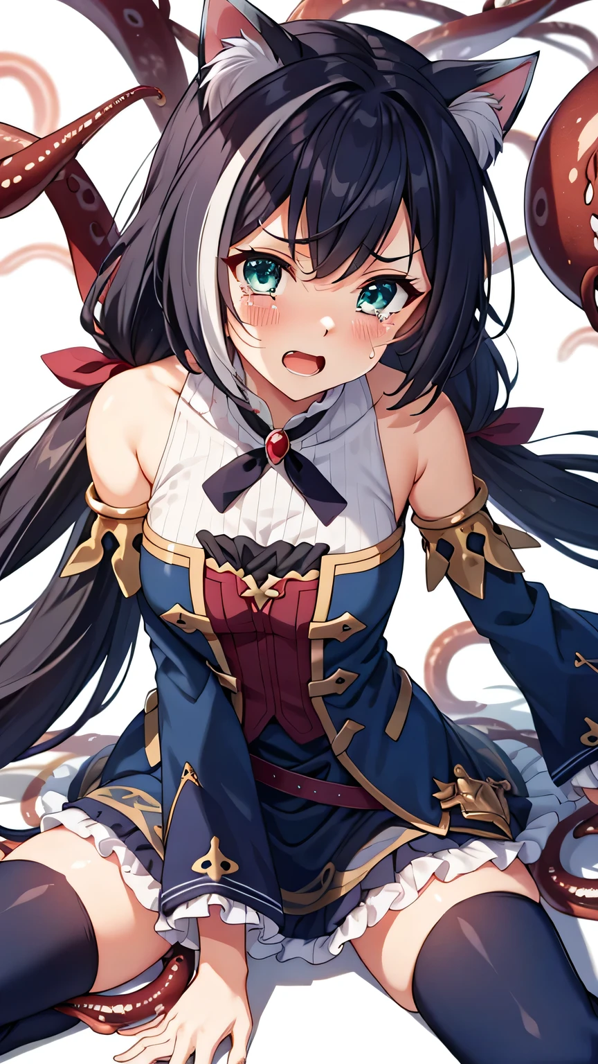 {{{masterpiece}}}, (best quality:1.5), (ultra-detailed:1.5), {illustration}, {{an extremely delicate and beautiful}}, (beautiful detailed eyes:1.6), absurdres, highres, extremely detailed face, 16k, hd, visual anime de uma jovem mulher, extremamente bonito rosto de anime, anime melhor garota, (perfect hands, perfect anatomy), anime face, Karyl(Princess Connect!), 1girl, solo, cute face, {{karyldefault}}, animal ear, black hair, long hair, low twintails, purple hair bow, multicolored hair, streaked hair, vertical stripes, white hair, cat ears, cat girl, cat tail, green eyes, medium breasts, big hips, curvaceous, BREAK, Tailcoat, (Navy Blue jacket:1.5), Long hem, arm support, bare shoulders, (Navy Blue sleeves:1.5), red bustier, black ribbon(red brooch), detached sleeves, dress, frilled sleeves, wide sleeves, neck ribbon, sleeveless, sleeveless dress, chain belt(red gem), purple frilled skirt, white pannier, black thighhighs, brown boots, thighs, zettai ryouiki, BREAK, {{{many tentacles wrap arotnd the body}}}, (tentacles crawl all over the body:1.5), tentacles strangling body, bdsm, bound, restrained, {{{too many tentacles, tentacles,bound by tentacles, bound neck by tentacles, close-up, portrait}}},midair, sea, beach, spread legs, open mouth, embarrassed, crying, sad face, scared face, flushed cheeks