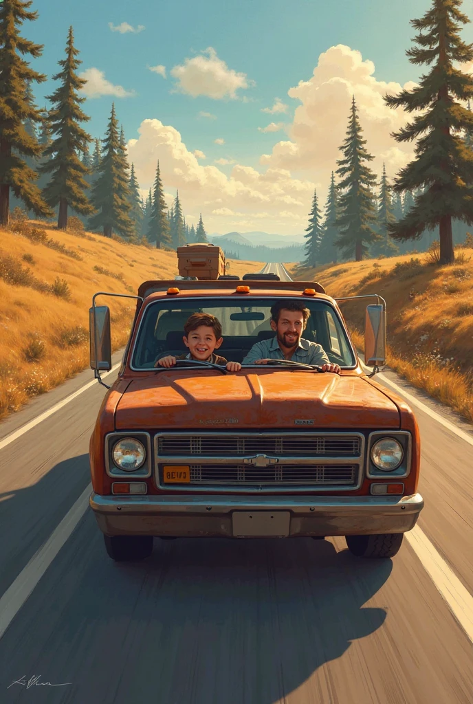 A boy with his father driving a truck on the highway