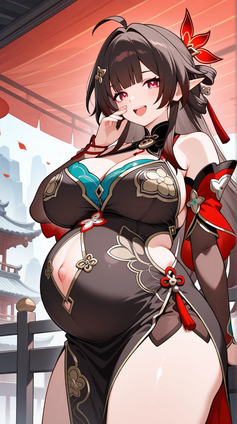 (tmasterpiece,best qualtiy:1.2),(ultra - detailed),(illustratio),teens girl,cabelos preto e longos,huge tit,Peach buttocks,Chinese wedding dress,Red cheongsam,Bare back,High split end,Pregnant belly,cabelos preto e longos