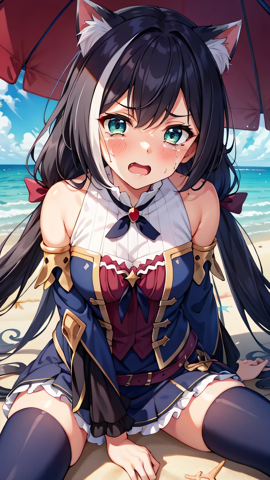 {{{masterpiece}}}, (best quality:1.5), (ultra-detailed:1.5), {illustration}, {{an extremely delicate and beautiful}}, (beautiful detailed eyes:1.6), absurdres, highres, extremely detailed face, 16k, hd, visual anime de uma jovem mulher, extremamente bonito rosto de anime, anime melhor garota, (perfect hands, perfect anatomy), anime face, Karyl(Princess Connect!), 1girl, solo, cute face, {{karyldefault}}, animal ear, black hair, long hair, low twintails, purple hair bow, multicolored hair, streaked hair, vertical stripes, white hair, cat ears, cat girl, cat tail, green eyes, medium breasts, big hips, curvaceous, BREAK, Tailcoat, (Navy Blue jacket:1.5), Long hem, arm support, bare shoulders, (Navy Blue sleeves:1.5), red bustier, black ribbon(red brooch), detached sleeves, dress, frilled sleeves, wide sleeves, neck ribbon, sleeveless, sleeveless dress, chain belt(red gem), purple frilled skirt, white pannier, black thighhighs, brown boots, thighs, zettai ryouiki, BREAK, {{{many tentacles wrap arotnd the body}}}, (tentacles crawl all over the body:1.5), tentacles strangling body, bdsm, bound, restrained, {{{too many tentacles, tentacles,bound by tentacles, bound neck by tentacles, close-up, portrait}}},midair, sea, (beach:1.3), spread legs, open mouth, embarrassed, crying, sad face, scared face, flushed cheeks