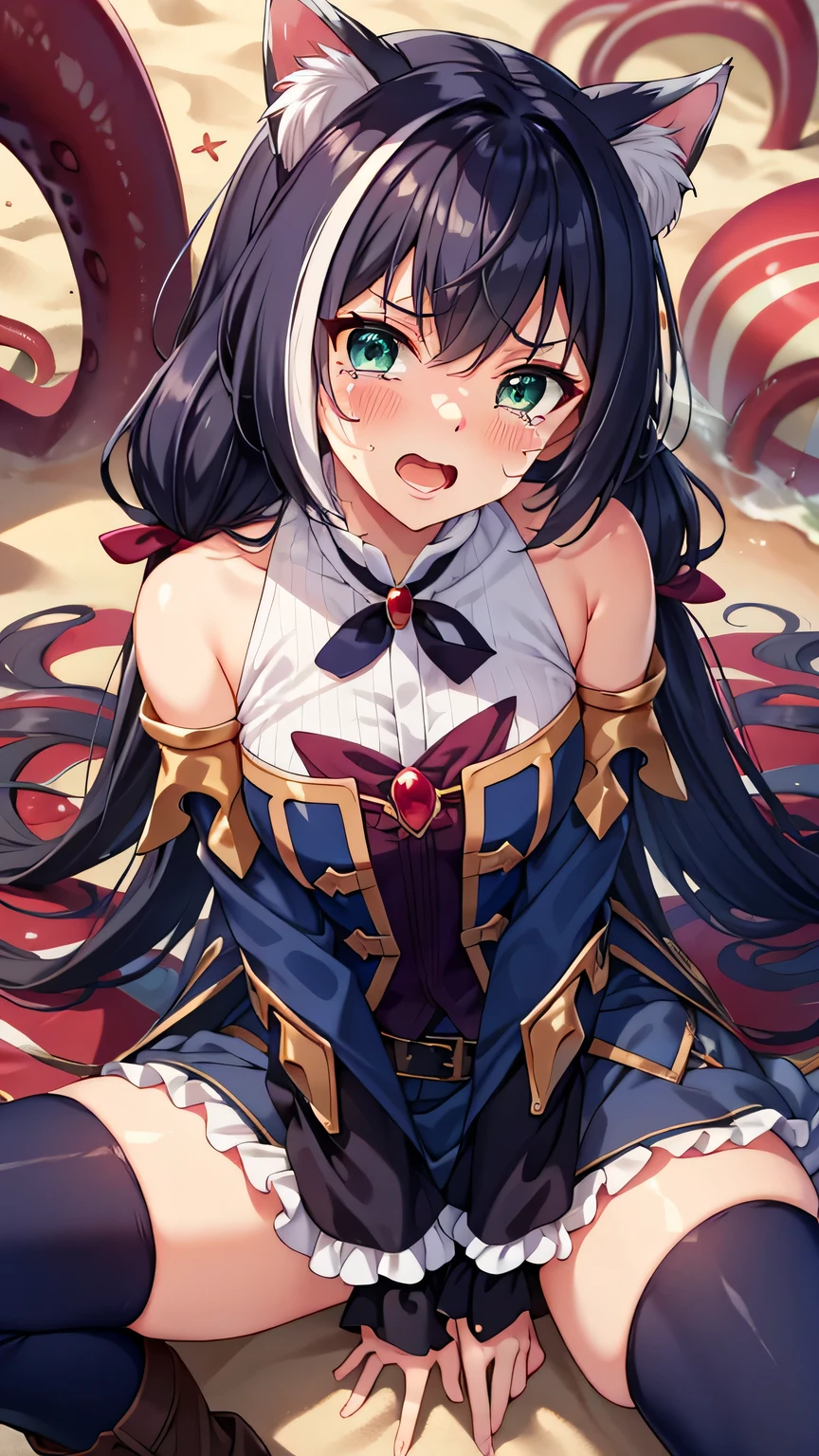 {{{masterpiece}}}, (best quality:1.5), (ultra-detailed:1.5), {illustration}, {{an extremely delicate and beautiful}}, (beautiful detailed eyes:1.6), absurdres, highres, extremely detailed face, 16k, hd, visual anime de uma jovem mulher, extremamente bonito rosto de anime, anime melhor garota, (perfect hands, perfect anatomy), anime face, Karyl(Princess Connect!), 1girl, solo, cute face, {{karyldefault}}, animal ear, black hair, long hair, low twintails, purple hair bow, multicolored hair, streaked hair, vertical stripes, white hair, cat ears, cat girl, cat tail, green eyes, medium breasts, big hips, curvaceous, BREAK, Tailcoat, (Navy Blue jacket:1.5), Long hem, arm support, bare shoulders, (Navy Blue sleeves:1.5), red bustier, black ribbon(red brooch), detached sleeves, dress, frilled sleeves, wide sleeves, neck ribbon, sleeveless, sleeveless dress, chain belt(red gem), purple frilled skirt, white pannier, black thighhighs, brown boots, thighs, zettai ryouiki, BREAK, {{{many tentacles wrap arotnd the body}}}, (tentacles crawl all over the body:1.5), tentacles strangling body, bdsm, bound, restrained, {{{too many tentacles, tentacles,bound by tentacles, bound neck by tentacles, close-up, portrait}}},midair, sea, (beach:1.3), spread legs, open mouth, embarrassed, crying, sad face, scared face, flushed cheeks