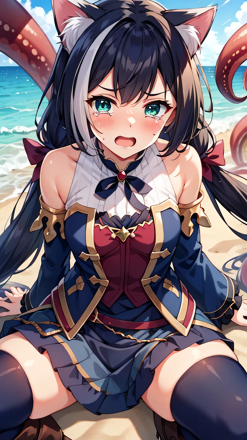 {{{masterpiece}}}, (best quality:1.5), (ultra-detailed:1.5), {illustration}, {{an extremely delicate and beautiful}}, (beautiful detailed eyes:1.6), absurdres, highres, extremely detailed face, 16k, hd, visual anime de uma jovem mulher, extremamente bonito rosto de anime, anime melhor garota, (perfect hands, perfect anatomy), anime face, Karyl(Princess Connect!), 1girl, solo, cute face, {{karyldefault}}, animal ear, black hair, long hair, low twintails, purple hair bow, multicolored hair, streaked hair, vertical stripes, white hair, cat ears, cat girl, cat tail, green eyes, medium breasts, big hips, curvaceous, BREAK, Tailcoat, (Navy Blue jacket:1.5), Long hem, arm support, bare shoulders, (Navy Blue sleeves:1.5), red bustier, black ribbon(red brooch), detached sleeves, dress, frilled sleeves, wide sleeves, neck ribbon, sleeveless, sleeveless dress, chain belt(red gem), purple frilled skirt, white pannier, black thighhighs, brown boots, thighs, zettai ryouiki, BREAK, {{{many tentacles wrap arotnd the body}}}, (tentacles crawl all over the body:1.5), tentacles strangling body, bdsm, bound, restrained, {{{too many tentacles, tentacles,bound by tentacles, bound neck by tentacles, close-up, portrait}}},midair, sea, (beach:1.3), spread legs, open mouth, embarrassed, crying, sad face, scared face, flushed cheeks