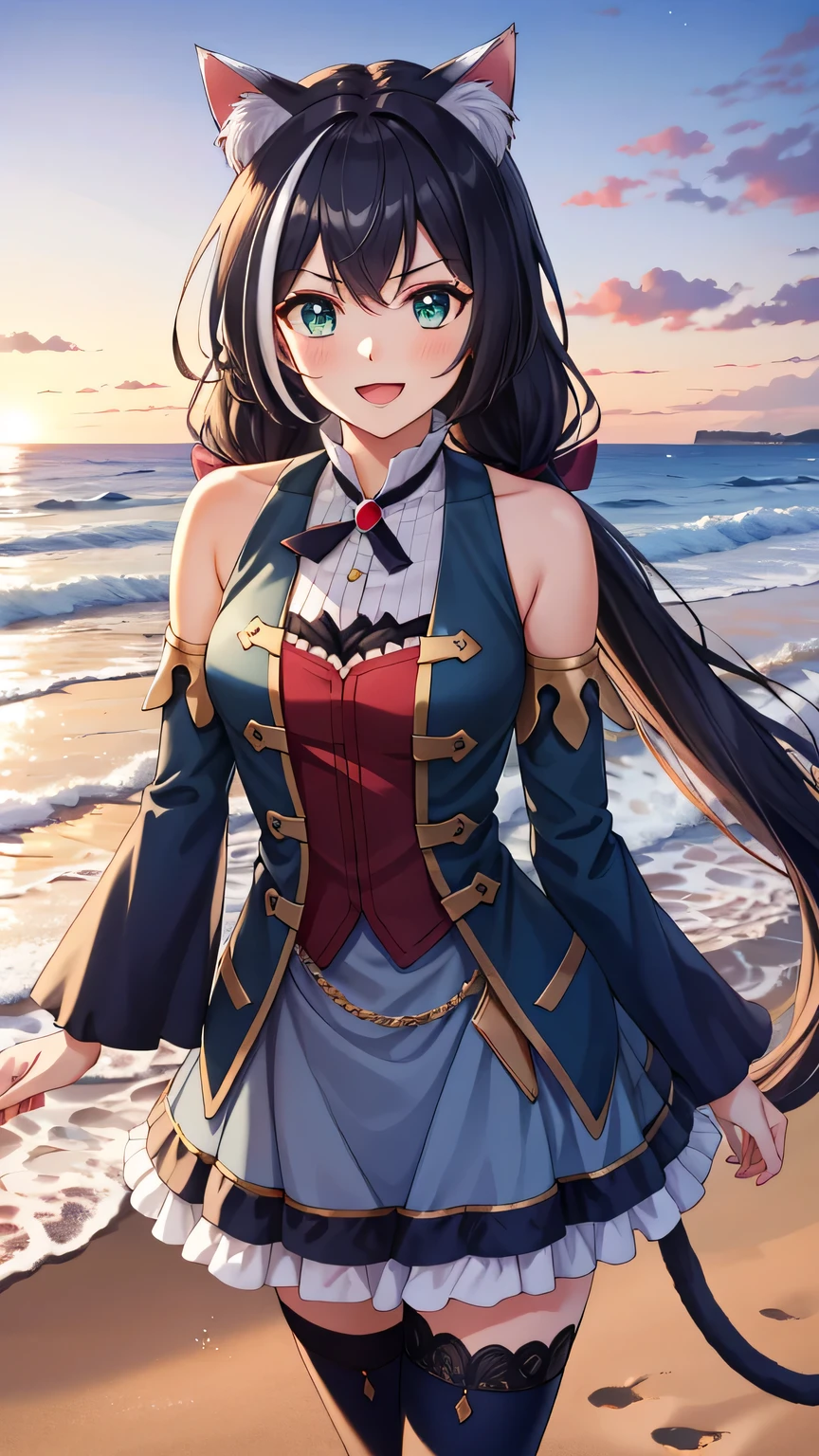 {{{masterpiece}}}, (best quality:1.5), (ultra-detailed:1.5), {illustration}, {{an extremely delicate and beautiful}}, (beautiful detailed eyes:1.6), absurdres, highres, extremely detailed face, 16k, hd, visual anime de uma jovem mulher, extremamente bonito rosto de anime, anime melhor garota, (perfect hands, perfect anatomy), anime face, Karyl(priconne), 1girl, solo, cute face, (karyldefault:1.3), animal ear, black hair, long hair, low twintails, purple hair bow, multicolored hair, streaked hair, vertical stripes, white hair, cat ears, cat girl, cat tail, green eyes, medium breasts, big hips, curvaceous, BREAK, Tailcoat, (Navy Blue jacket:1.5), Long hem, arm support, bare shoulders, (Navy Blue sleeves:1.5), red bustier, black ribbon(red brooch), detached sleeves, dress, frilled sleeves, wide sleeves, neck ribbon, sleeveless, sleeveless dress, wallet chain(red gem), purple frilled skirt, white pannier, black thighhighs, brown boots, thighs, zettai ryouiki, BREAK, standing, looking at viewer, outdoor, sky, sea, evening, beach, nicebeach, waves, crowd of people, standing, smiling, open mouth, smirk, walk, sunset