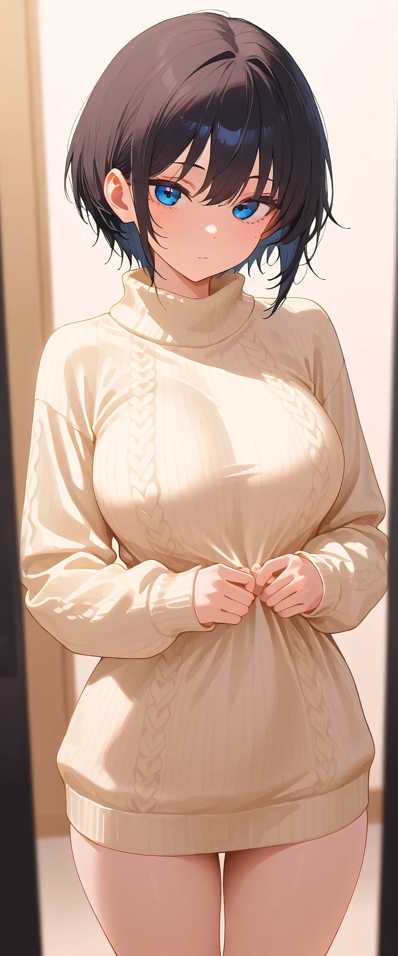 (masterpiece:1.3), (8k, best quality: 1.4), (1 girl), pretty, anime face), (black hair, short hair:1.3), Nice hairstyle, blue eyes , detailed and beautiful eyes), beautiful skin, (sweater), absurd, attractive, ultra high resolution, very detailed, golden ratio