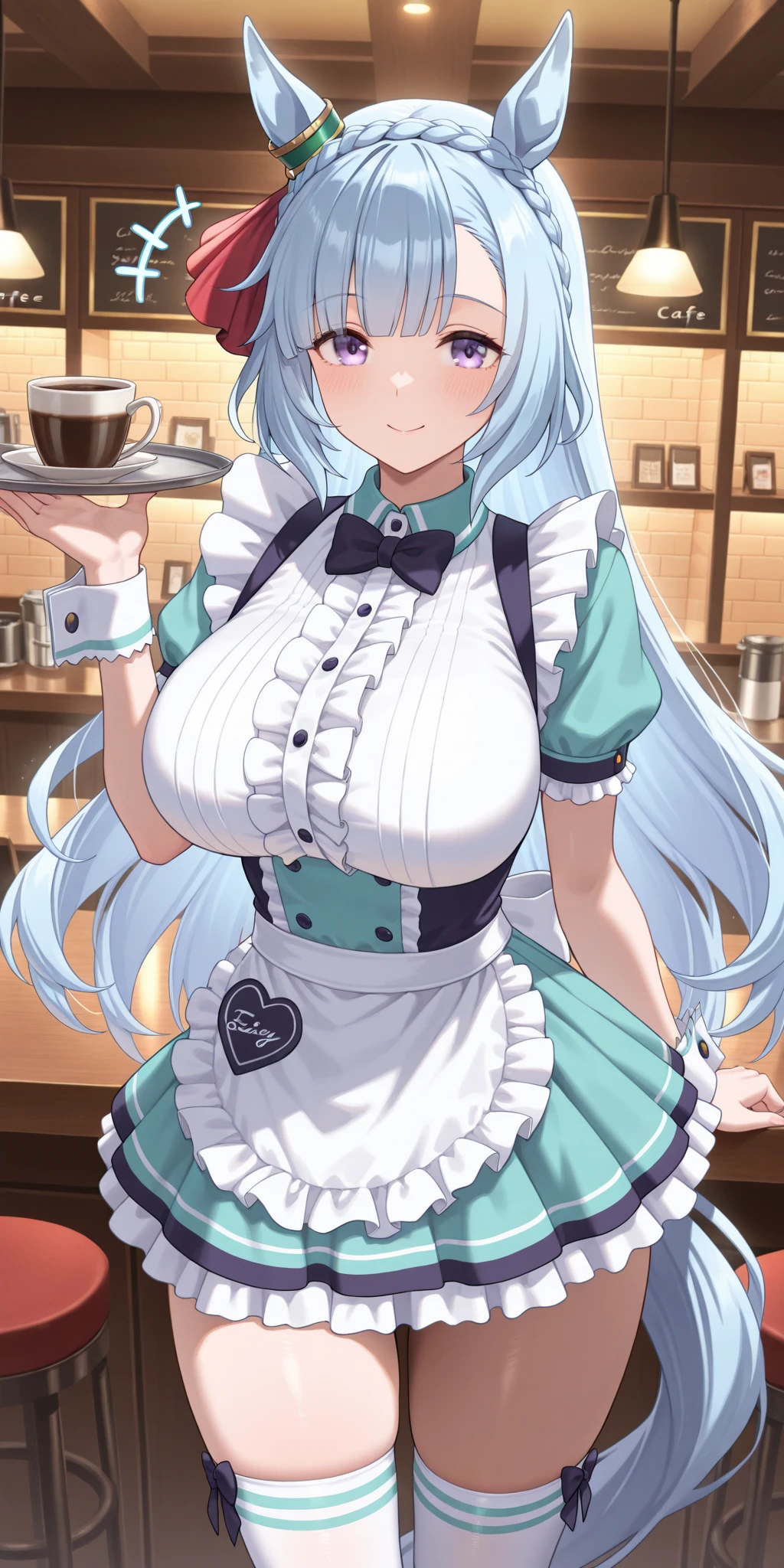 score_9,score_7_up,jeloprivatymaid,maid cafe,solo,twintails,aqua hair,maid headdress,large breasts,lactating into cup,cat ears,hair bow,hair ribbon,hairclip,detached collar,bow,neck bell,maid apron,garter straps,white thighhighs,white gloves,elbow gloves,blush,smile,looking at viewer,<lora:PrivatyUnkindMaid-JeloXL-000008:1>,