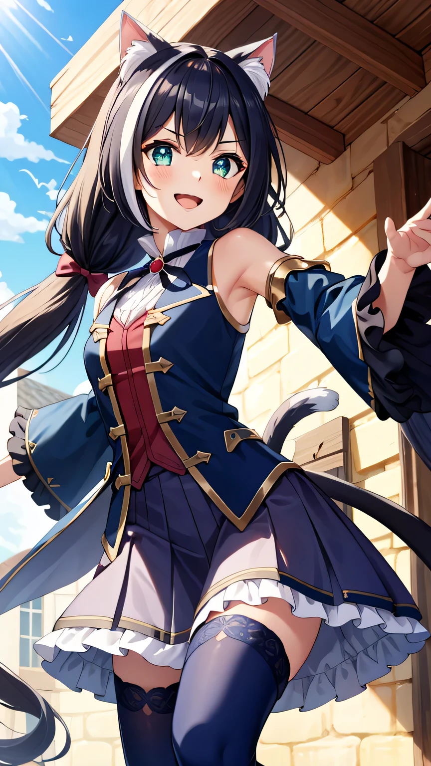 {{{masterpiece}}}, (best quality:1.5), (ultra-detailed:1.5), {illustration}, {{an extremely delicate and beautiful}}, (beautiful detailed eyes:1.6), absurdres, highres, extremely detailed face, 16k, hd, visual anime de uma jovem mulher, extremamente bonito rosto de anime, anime melhor garota, (perfect hands, perfect anatomy), anime face, Karyl(priconne), 1girl, solo, cute face, (karyldefault:1.3), animal ear, black hair, long hair, low twintails, purple hair bow, multicolored hair, streaked hair, vertical stripes, white hair, cat ears, cat girl, cat tail, green eyes, medium breasts, big hips, curvaceous, BREAK, Tailcoat, (Navy Blue jacket:1.5), Long hem, arm support, bare shoulders, (Navy Blue sleeves:1.5), red bustier, black ribbon(red brooch), detached sleeves, dress, frilled sleeves, wide sleeves, neck ribbon, sleeveless, sleeveless dress, wallet chain(red gem), purple frilled skirt, white pannier, black thighhighs, brown boots, thighs, zettai ryouiki, BREAK, A beautiful young woman smiles with her arms outstretched in a medieval European city, outstretched arms, open mouth, day, under the sunlight , from below, sky