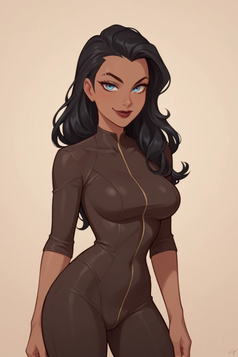 Thin woman, age 25, 4K (High definition), mysterious smile, seducing gaze, eyes browns, wearing a beige dress (with side zipper) with princess neckline and short sleeves, arms positioned at the side of the body, Caucasian skin, straight black hair down to shoulder length, standing (upper body slightly leaning forward, resting their hands on a table), full of curves with freckles across her chest and neck, round breasts. Marvel style high quality, white background.