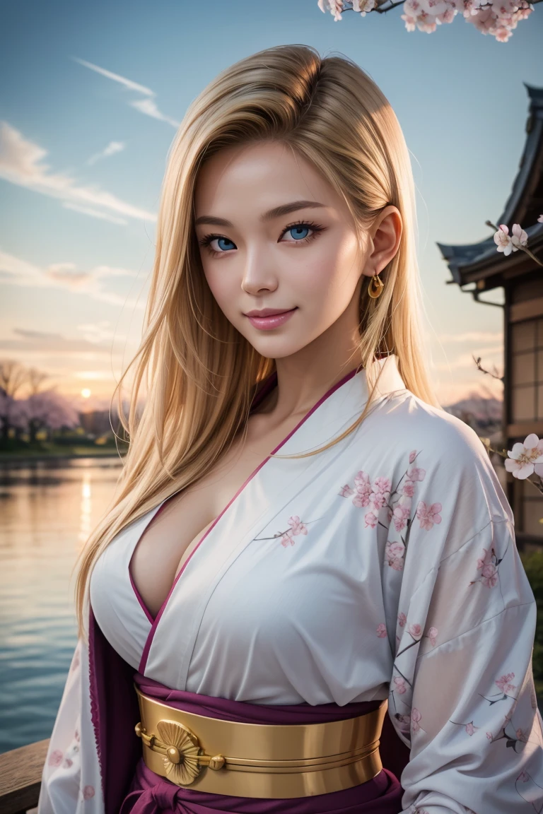 beautiful college girl, blonde, full body, in a colorful Japanese garden at sunset, blonde hair, silk elegant magical translucent see-through purple dress, best, two ponytails, blue eyes, perfect face, ((perfect silicone breasts)), photorealistic, digital painting, stylized, mage