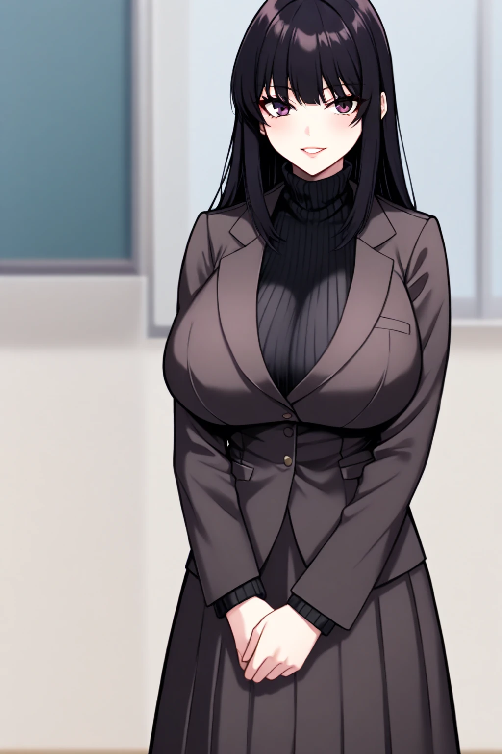 1 milf & 2 man sex , purple and slightly black hair, wearing a office suit, cynical look, angry face, white background, erotic, full body, sex scene, clothes off