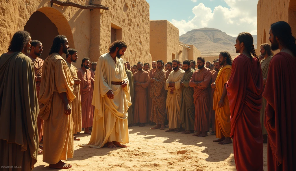 (Biblical masterpiece) Poor Hebrews, with a righteous African man Jesus, black, In the streets of mud houses in Jerusalem, fighting for their rights8K