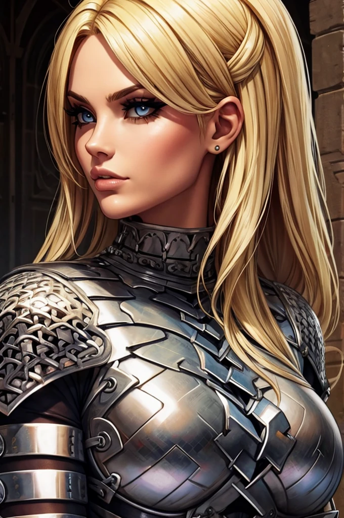 1 girl, sexly, photo portrait, Athletic, Black steel medieval armor, vibrant curly blonde hair, very detailed and busy medieval training room, volumetric lighting, best qualityer, work of art, details Intricate, tone mapping, sharp focus, hyper detailled, trends on ArtStation, realisitic,