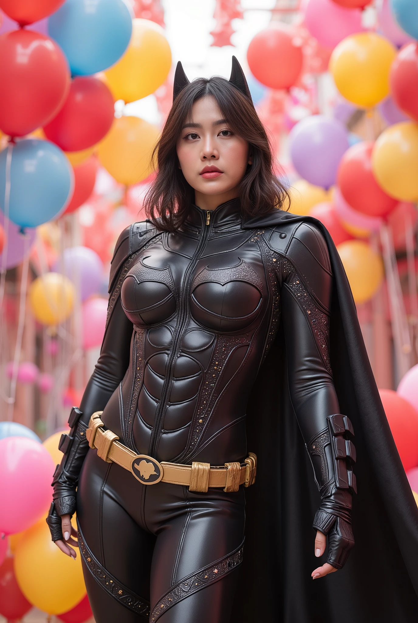 busty curvy super muscular korean female wearing batman rubber suit surrounded by balloons