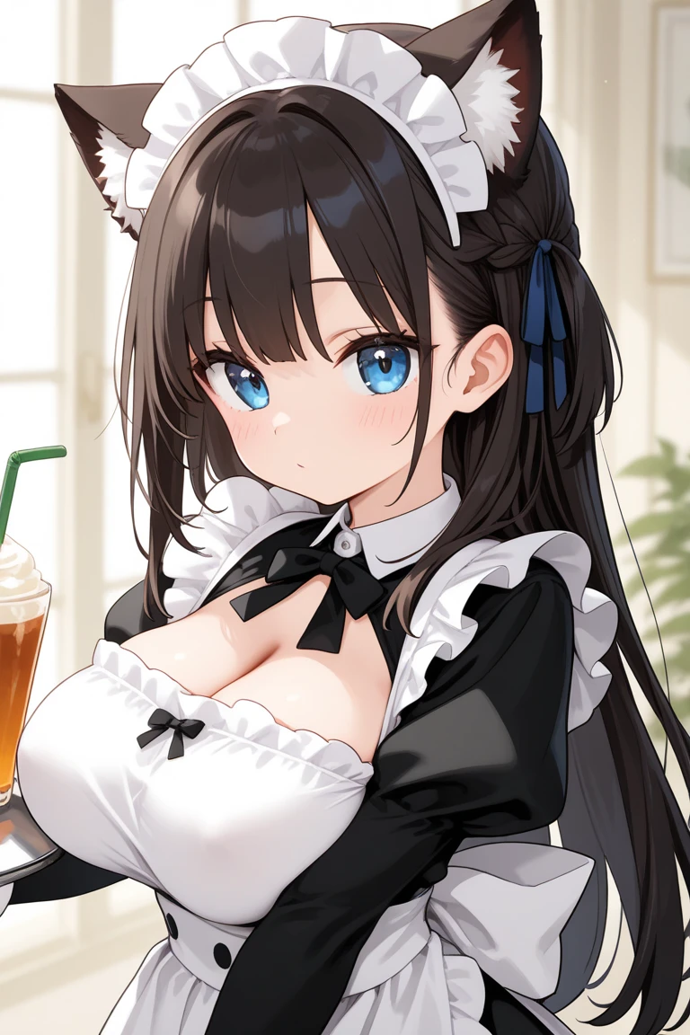 Masterpiece, ultra-detailed, Cat Ear Maid, Maid uniform, Tea set placed on desk, Standing full-body portrait, Shy demeanor, smiles coyly, Small breasts, Clothes modestly revealing minimal skin, Cat ear headband adorns her head, Apron covers her chest area, Delicately detailed face, Hands gently cradling teacup, High resolution, 4K, Beautiful rendering of maid uniform and tea set, Maid maintains a coy expression, Subtle blush on cheeks, Detailed shading on face and uniform, 8K, World-class quality, Extremely detailed, High resolution, Impeccably