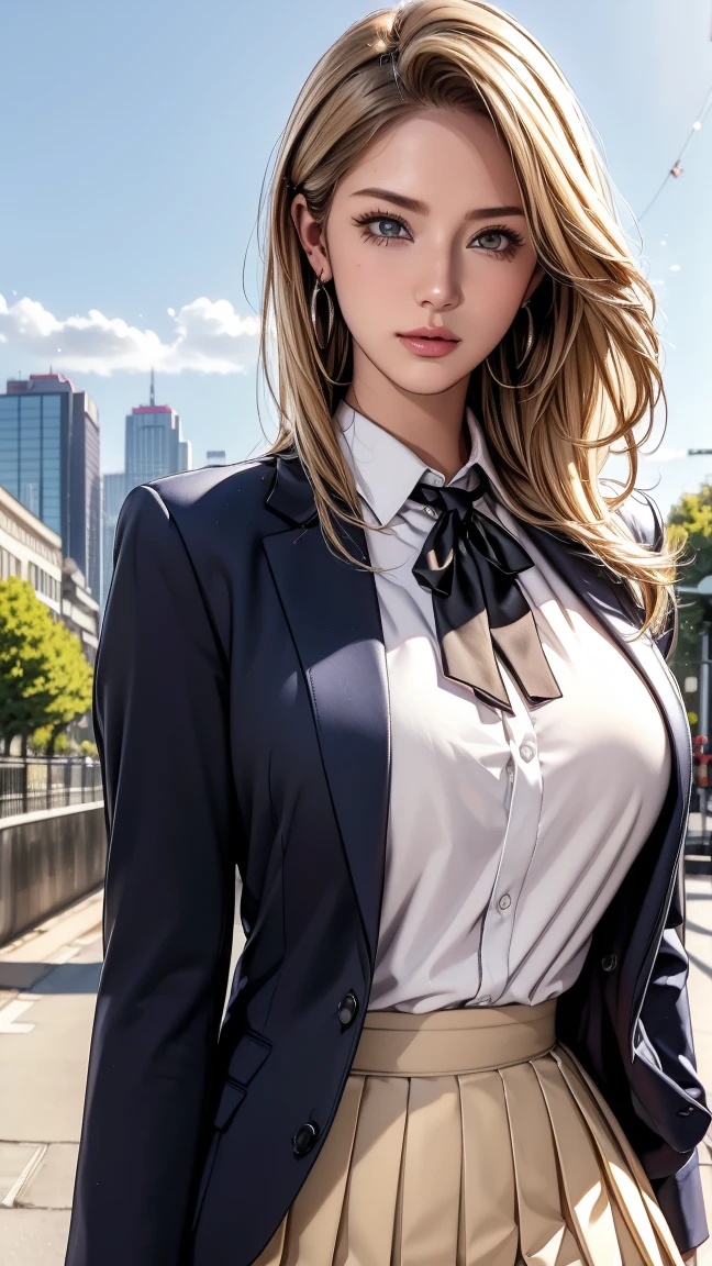 a woman in short blazer sitting on a bike in black suit, 1girl, jewelry, solo, ground vehicle, underwear, panties, bicycle, necklace, skirt, earrings, blonde hair, day, white panties, breasts, outdoors, realistic, long hair, jacket, pencil skirt

